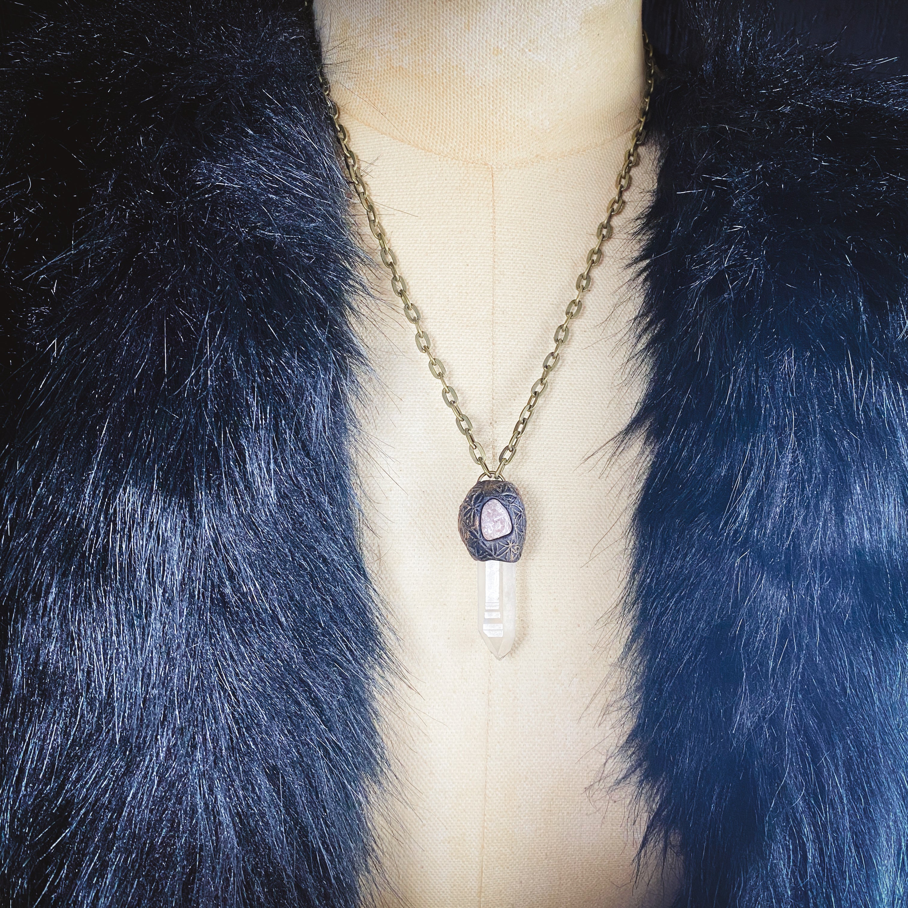 Clear Quartz + Strawberry Quartz + Clay Talisman Necklace with a Flower of Life Design