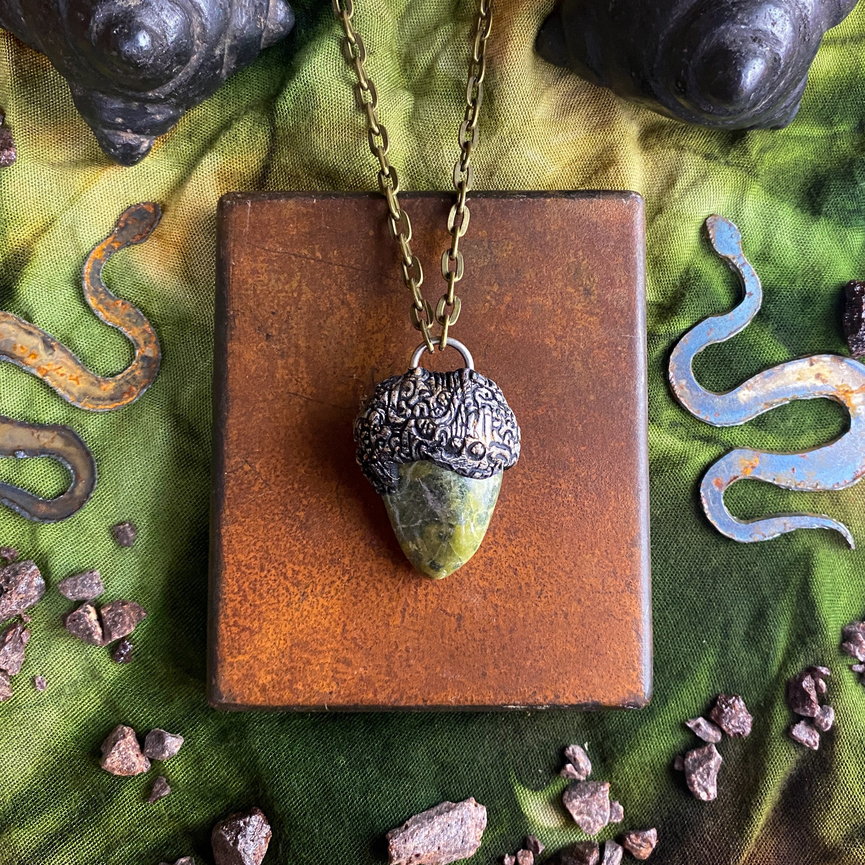 Serpentine + Clay Talisman Necklace with an Organic Pattern