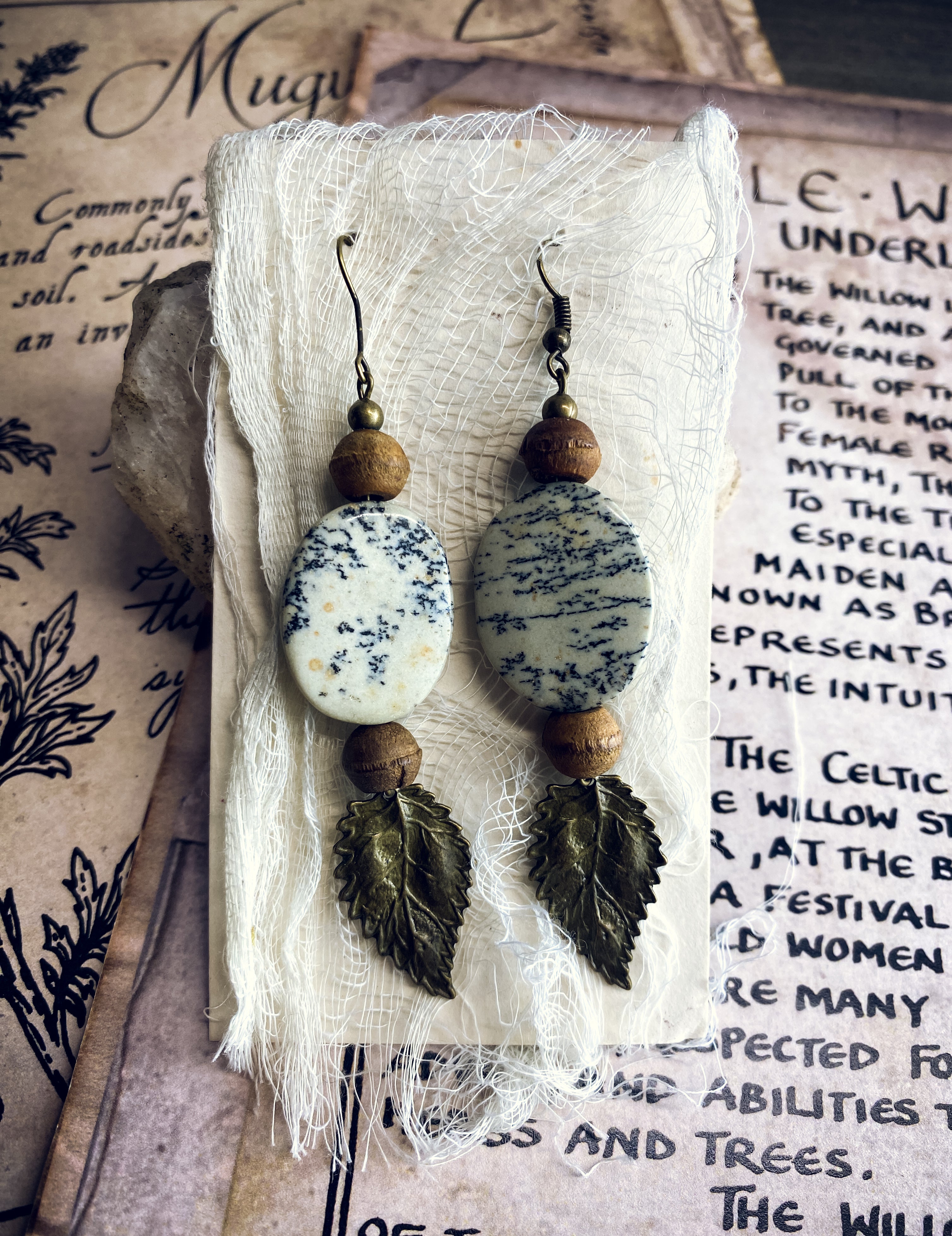 Nature Earrings with Dendritic Jasper + Leaves