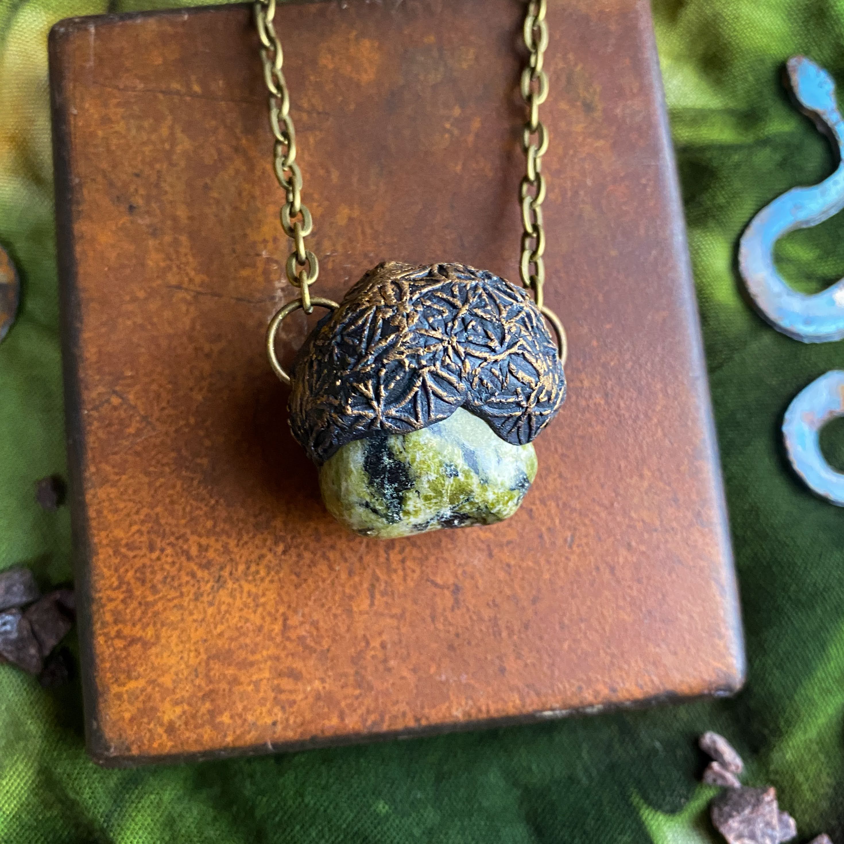 Serpentine Talisman Necklace with a Flower of Life Clay Pattern