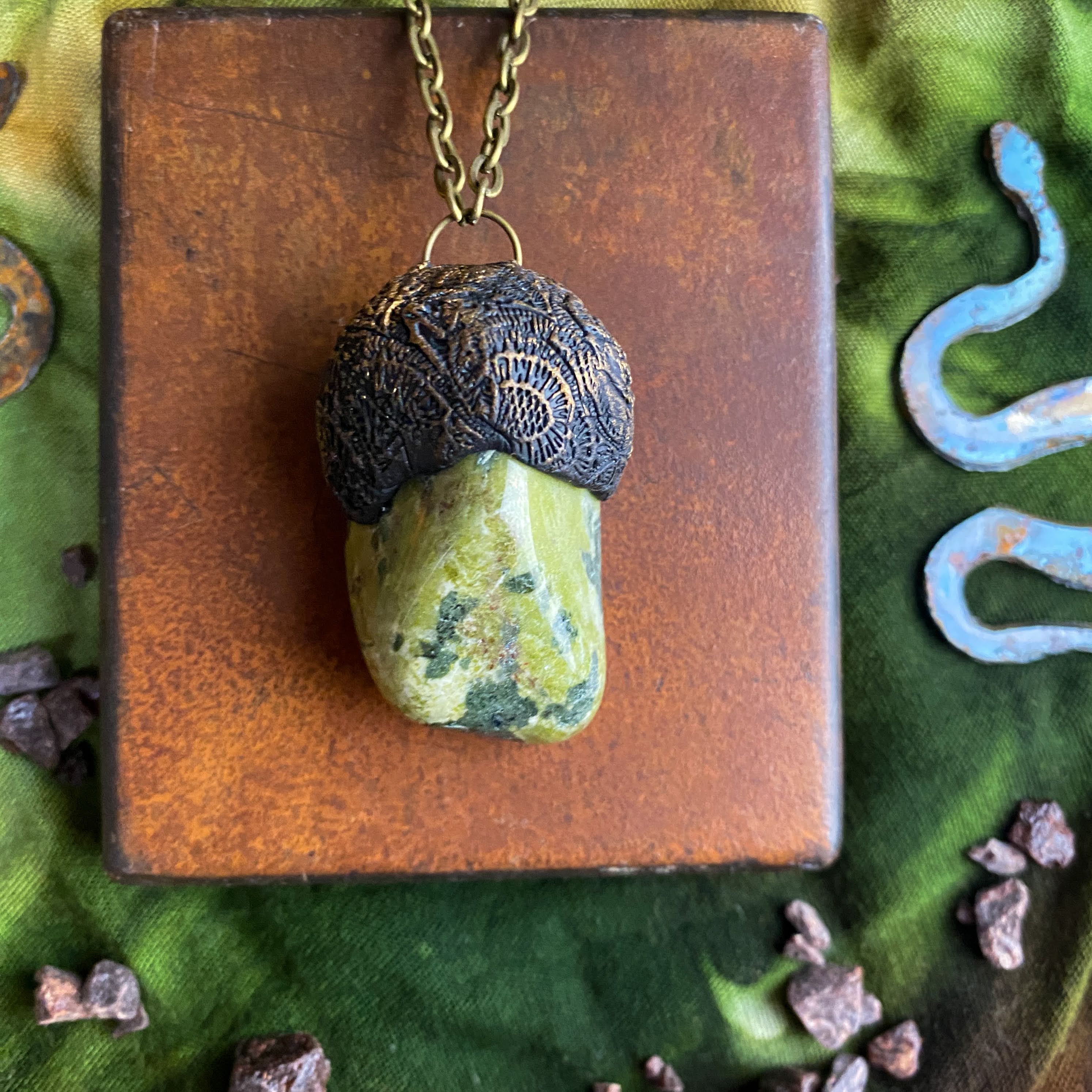 Serpentine + Clay Talisman Necklace with an Organic Pattern