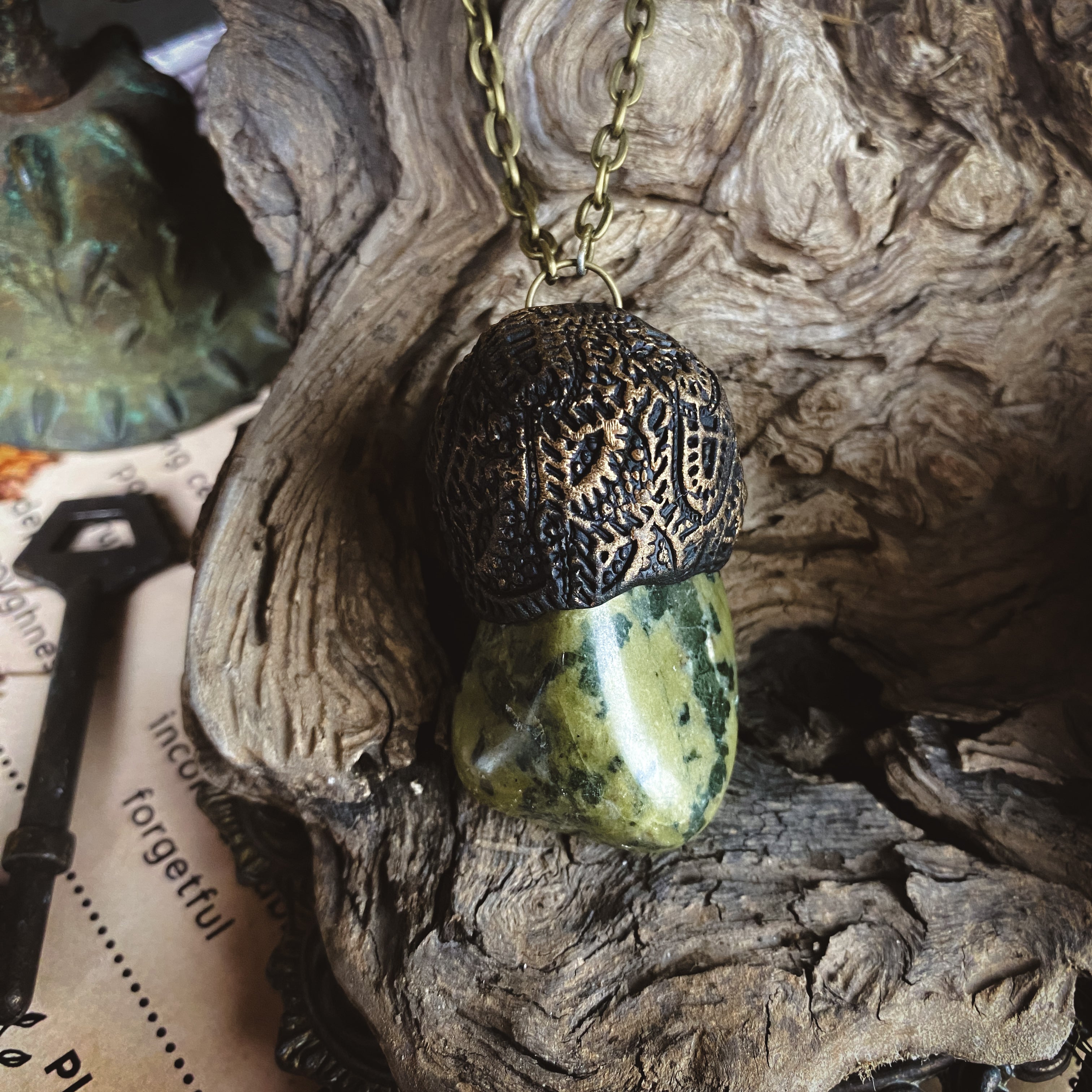 Serpentine + Clay Talisman Necklace with an Organic Pattern