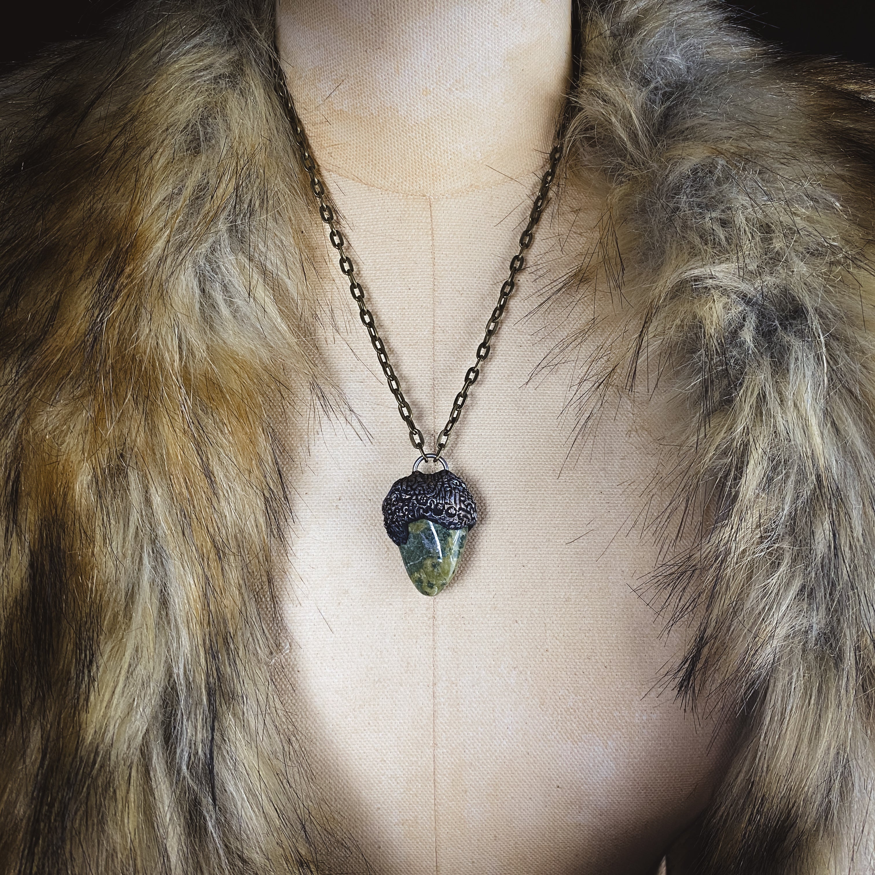 Serpentine + Clay Talisman Necklace with an Organic Pattern