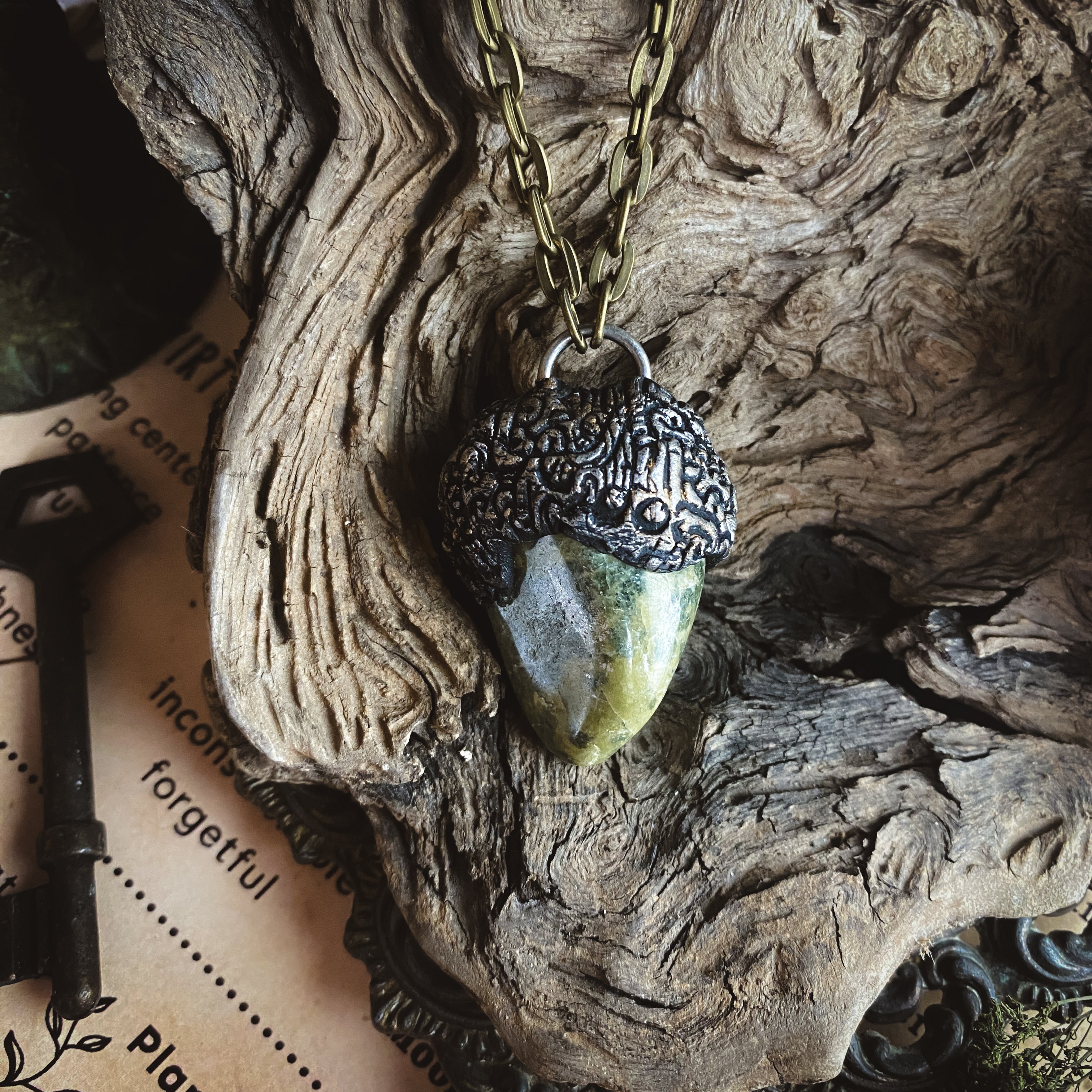 Serpentine + Clay Talisman Necklace with an Organic Pattern