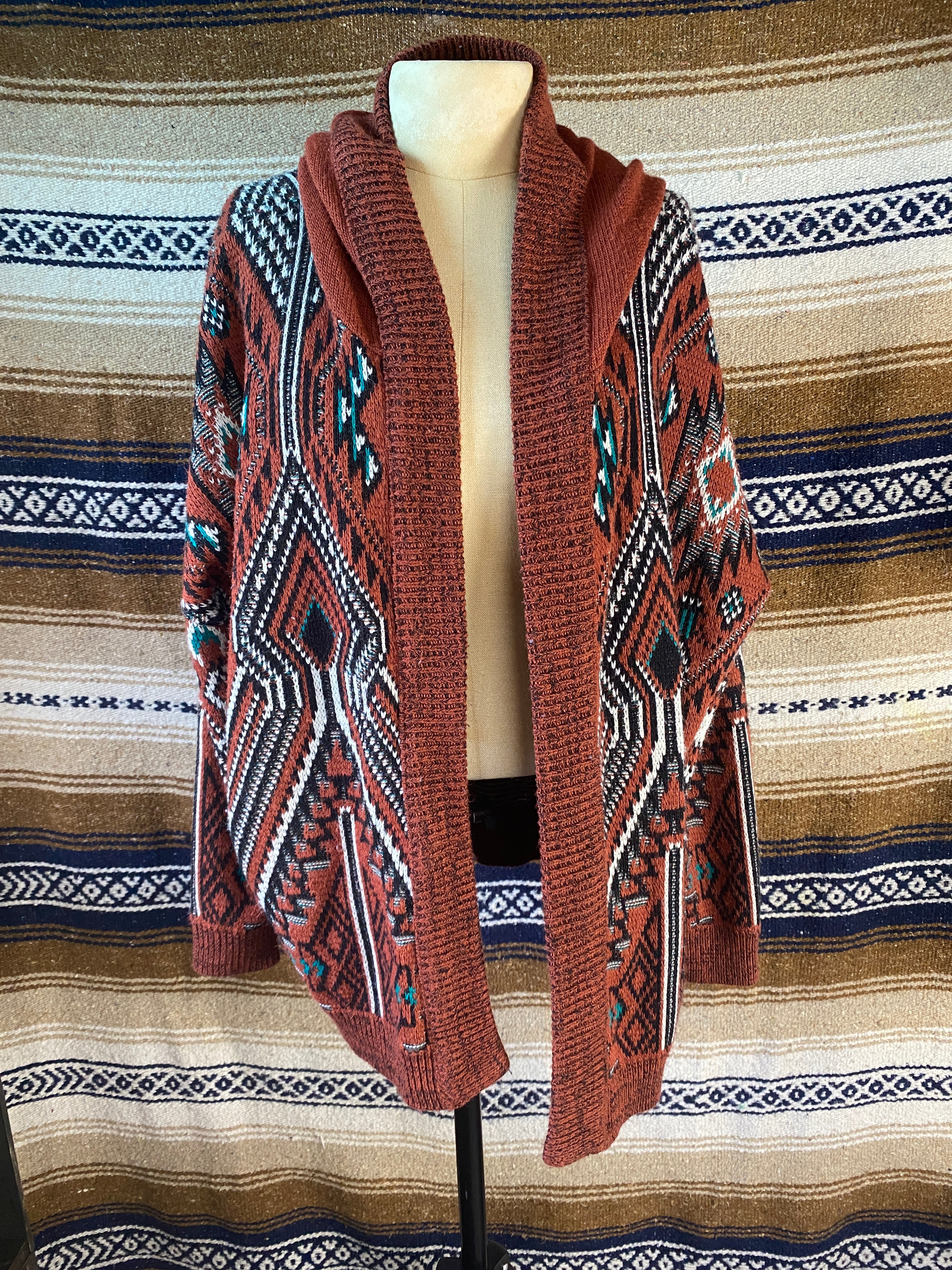 Tribal Design Cardigan With a Hood - Size Medium