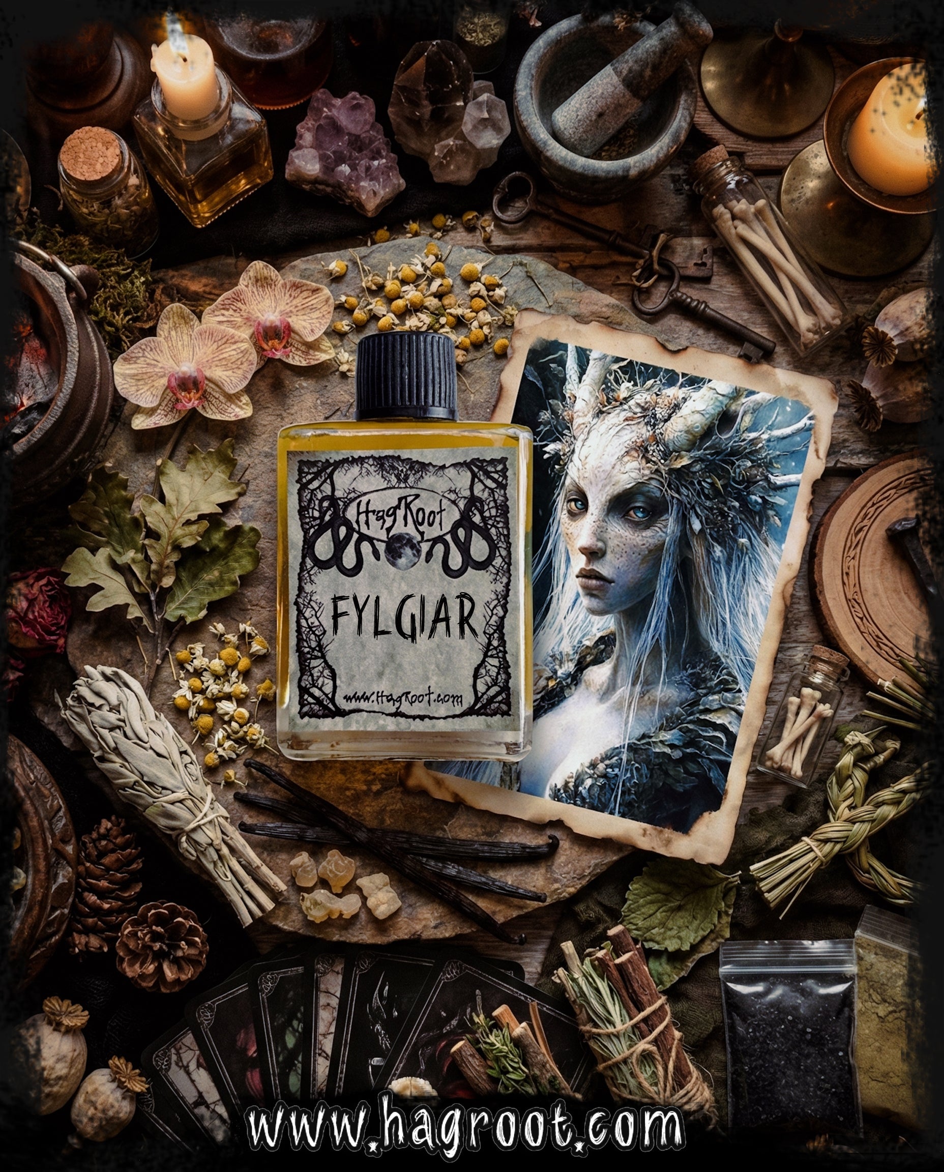 FYLGIAR- (Orchid, Chamomile, Oak, Sage, Patchouli, Rose, Pine, Vanilla, Elemi, Orange)-Perfume, Cologne, Anointing, Ritual Oil