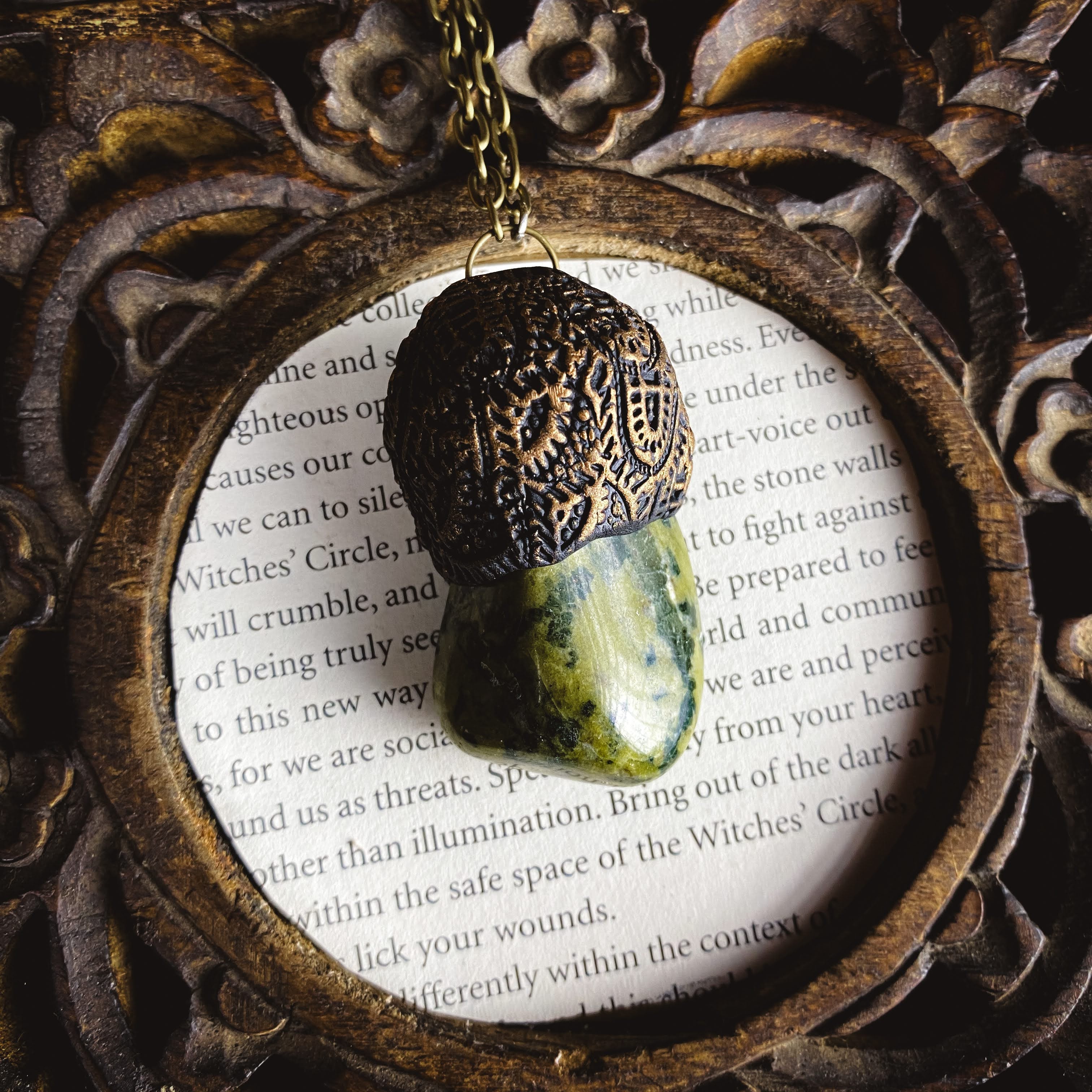 Serpentine + Clay Talisman Necklace with an Organic Pattern