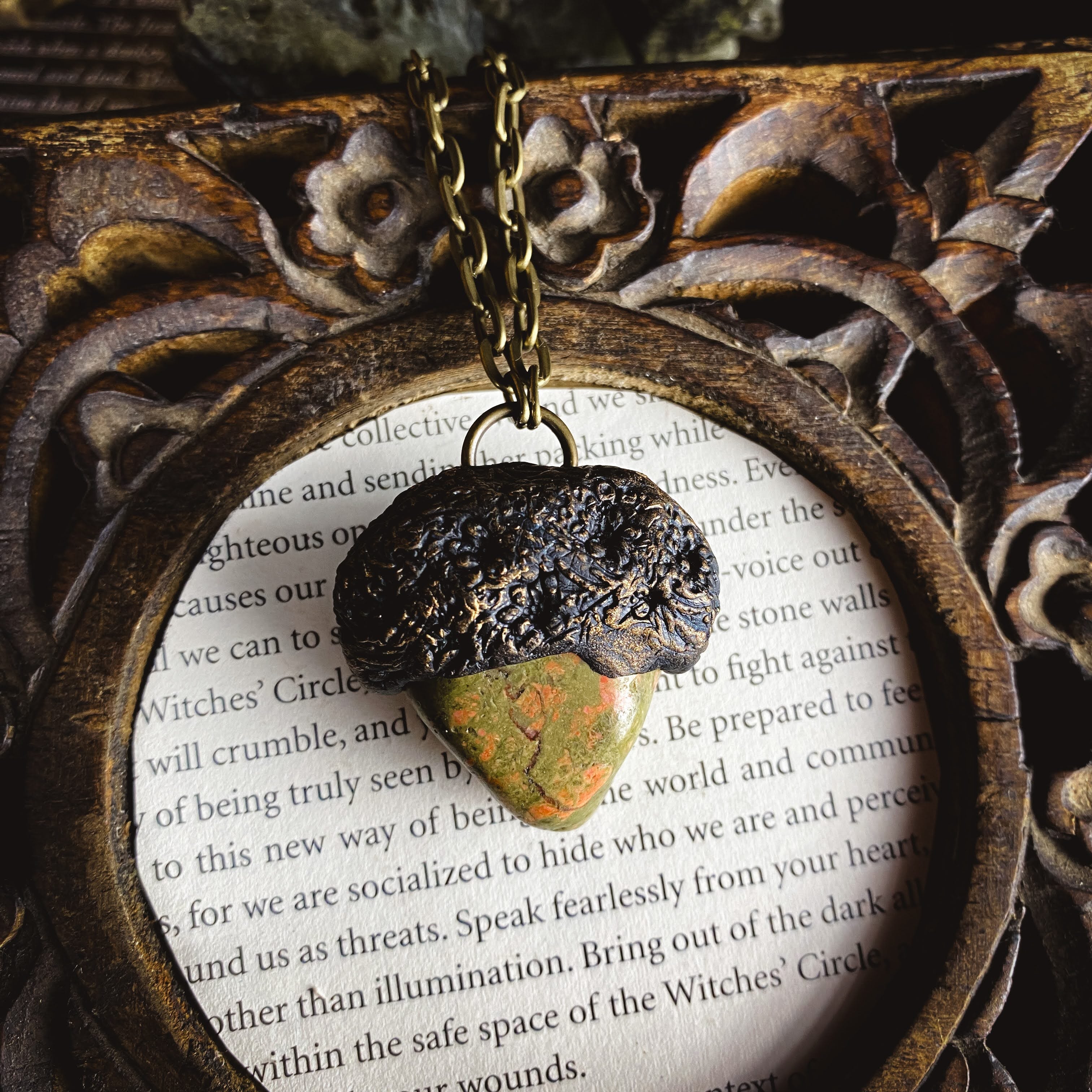 Unakite Talisman Necklace with a Nature Inspired Clay Pattern