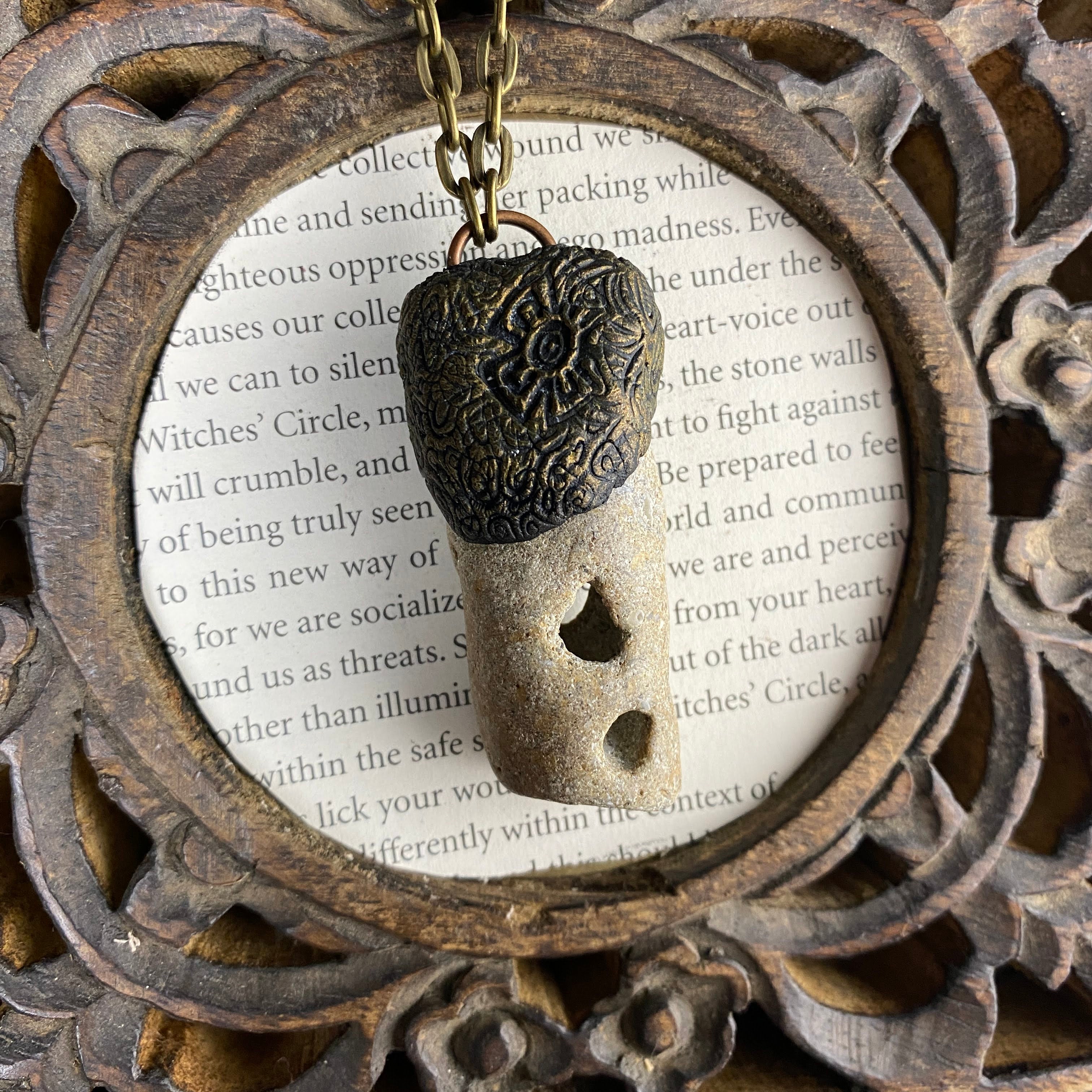 Hag Stone Talisman Necklace with a Tribal/Nature Inspired Clay Pattern