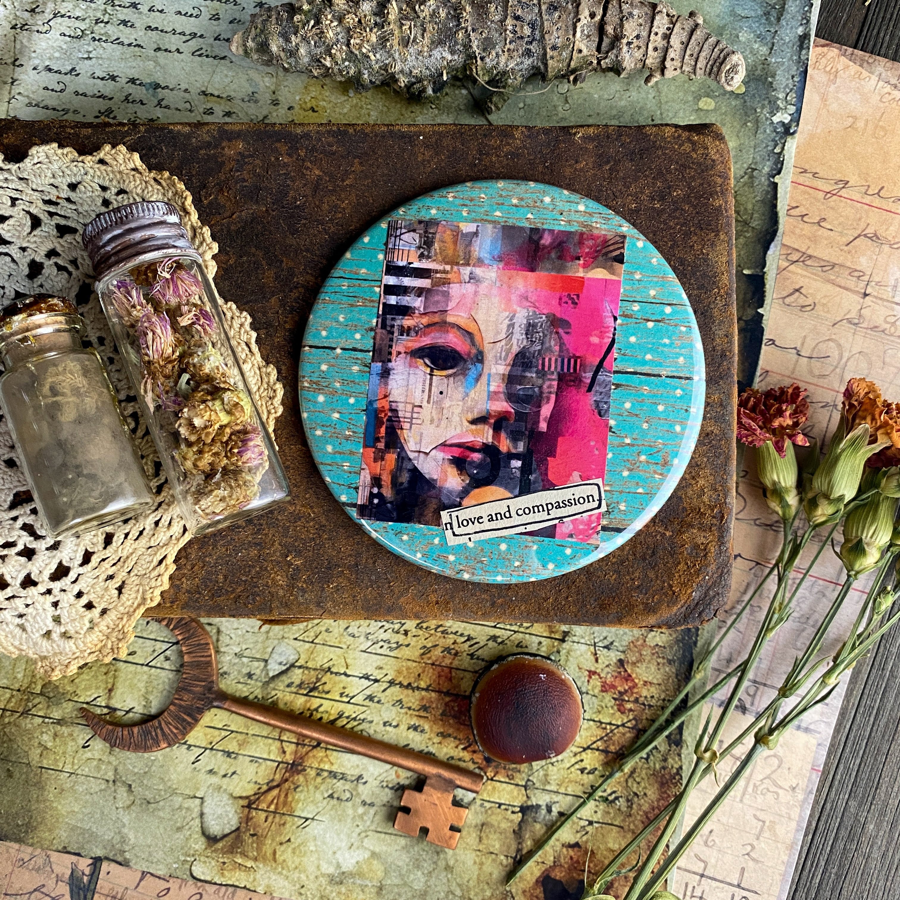 LOVE AND COMPASSION - Hand Pressed Pocket Mirror
