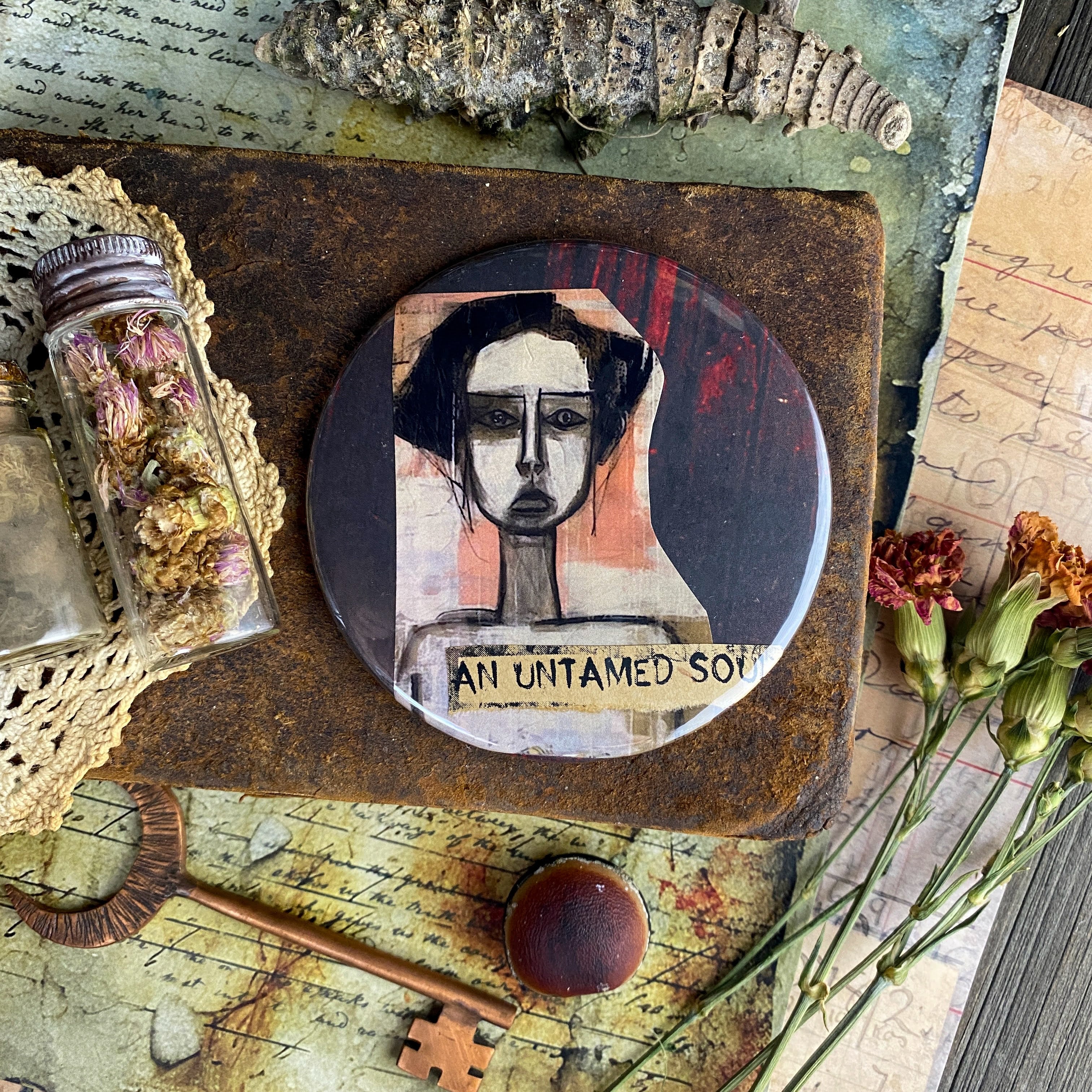AN UNTAMED SOUL - Hand Pressed Pocket Mirror with Original Collage Art