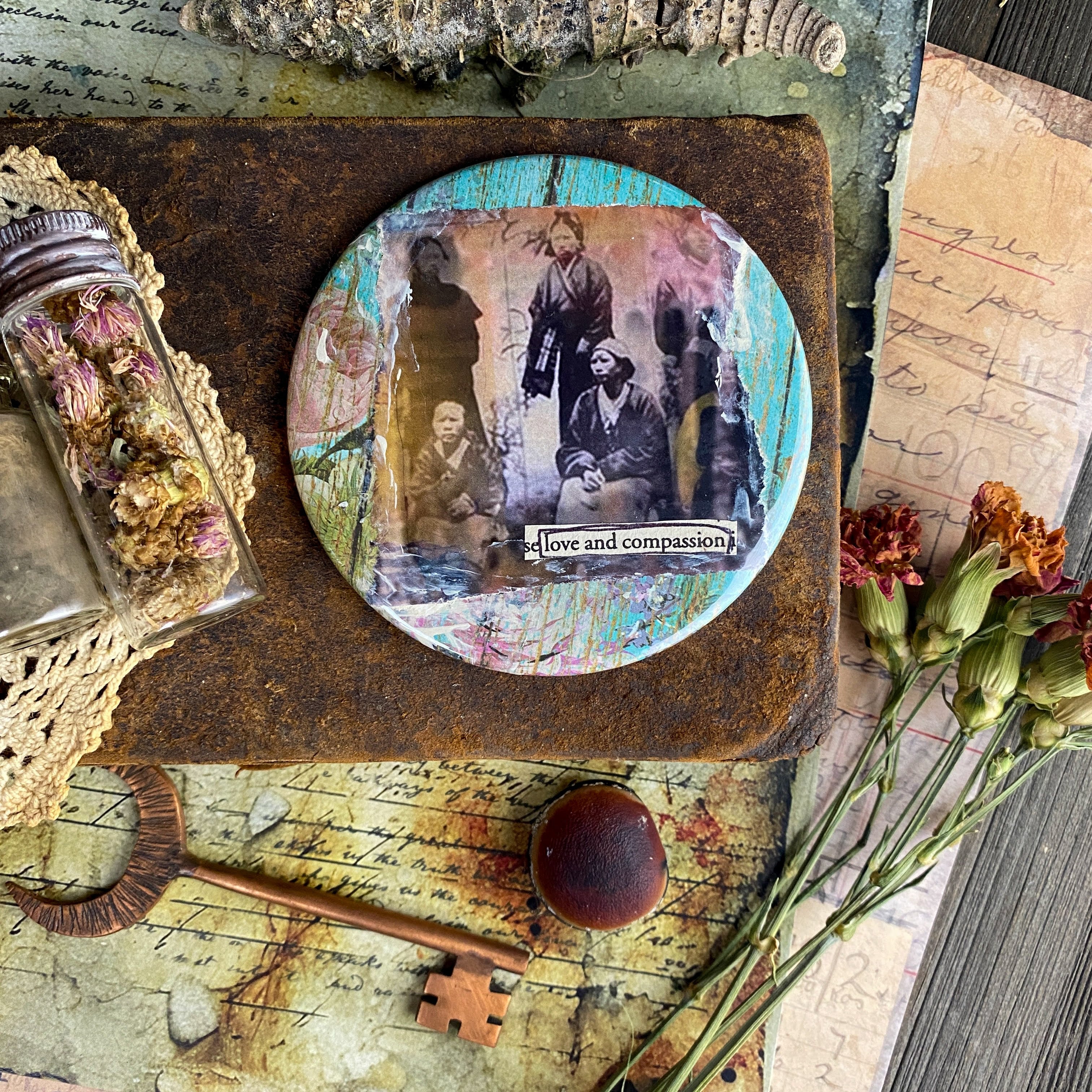 LOVE AND COMPASSION - Hand Pressed Pocket Mirror