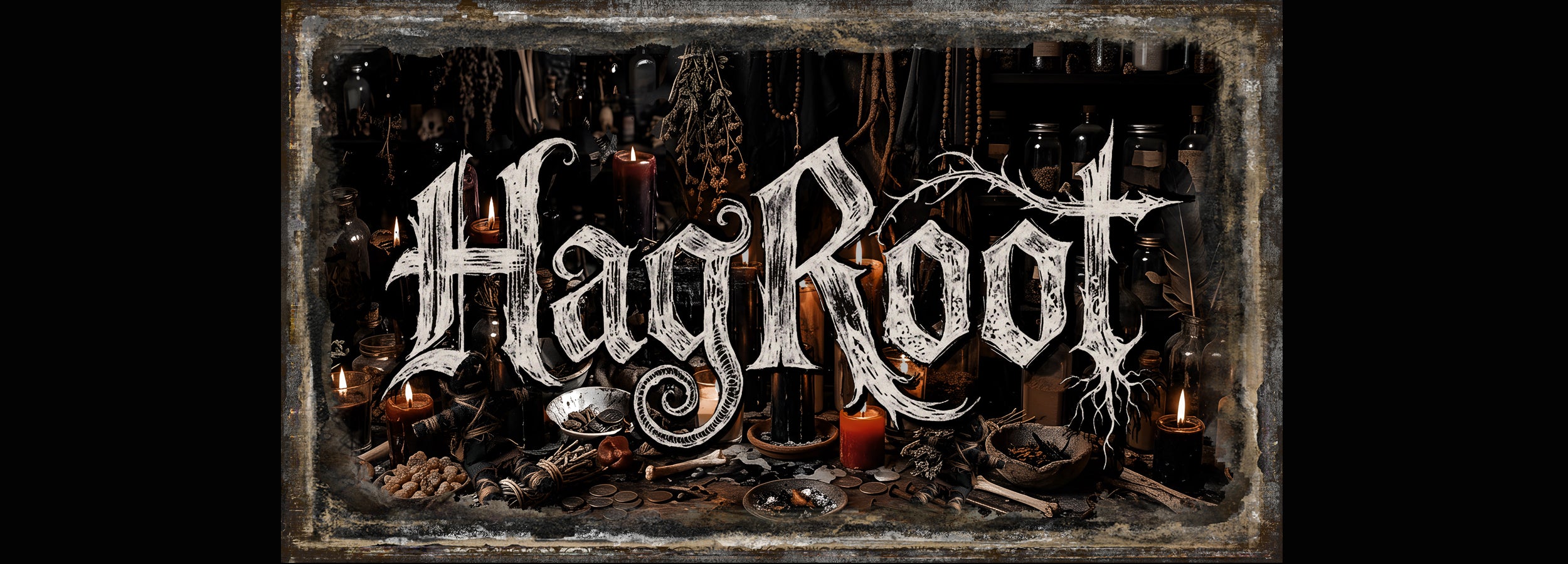 HagRoot logo in a gothic font over a dark, moody altar scene with candles, potions, voodoo dolls, bones, and ritual objects.