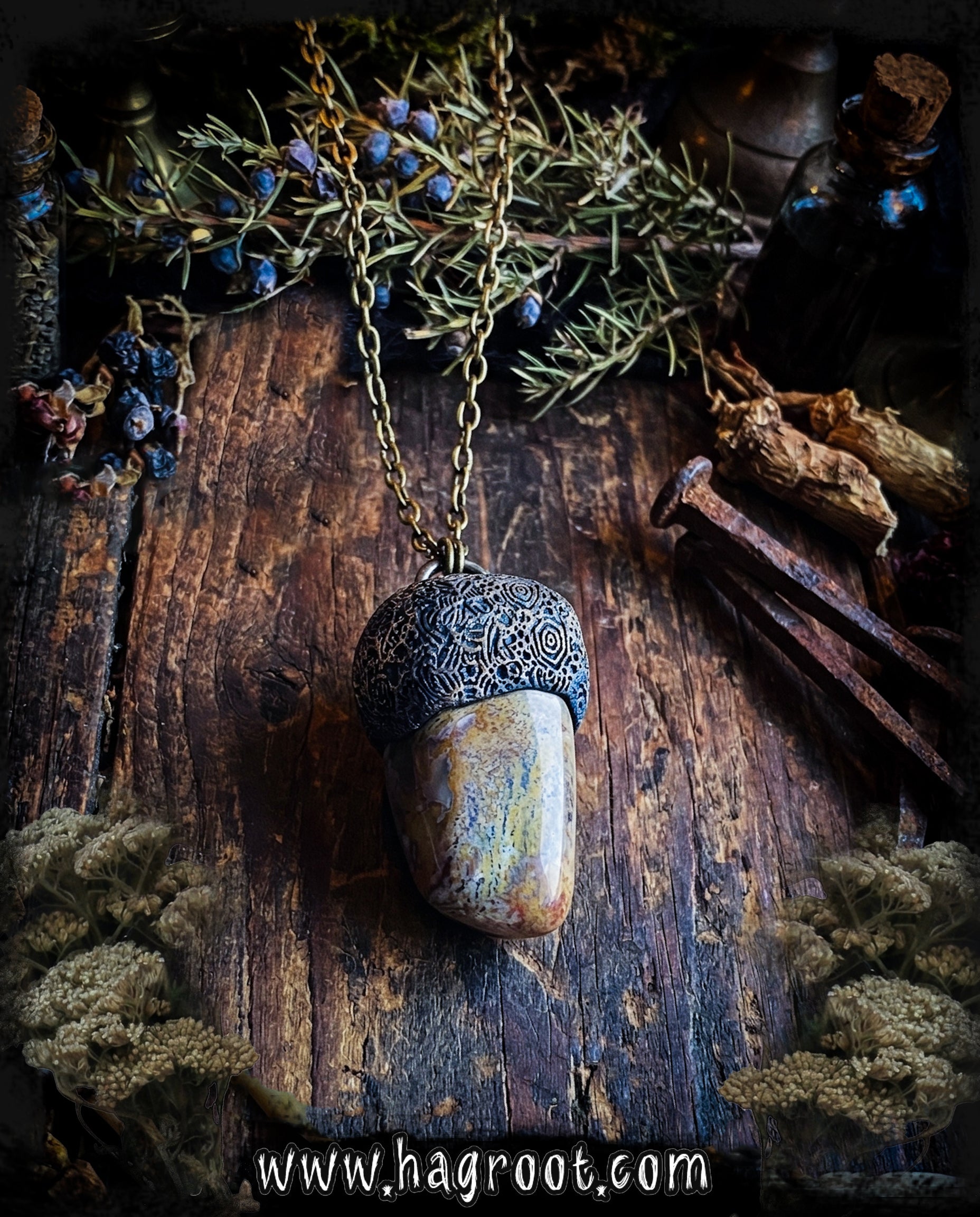Handcrafted Clay Talisman Necklace with Petrified Wood