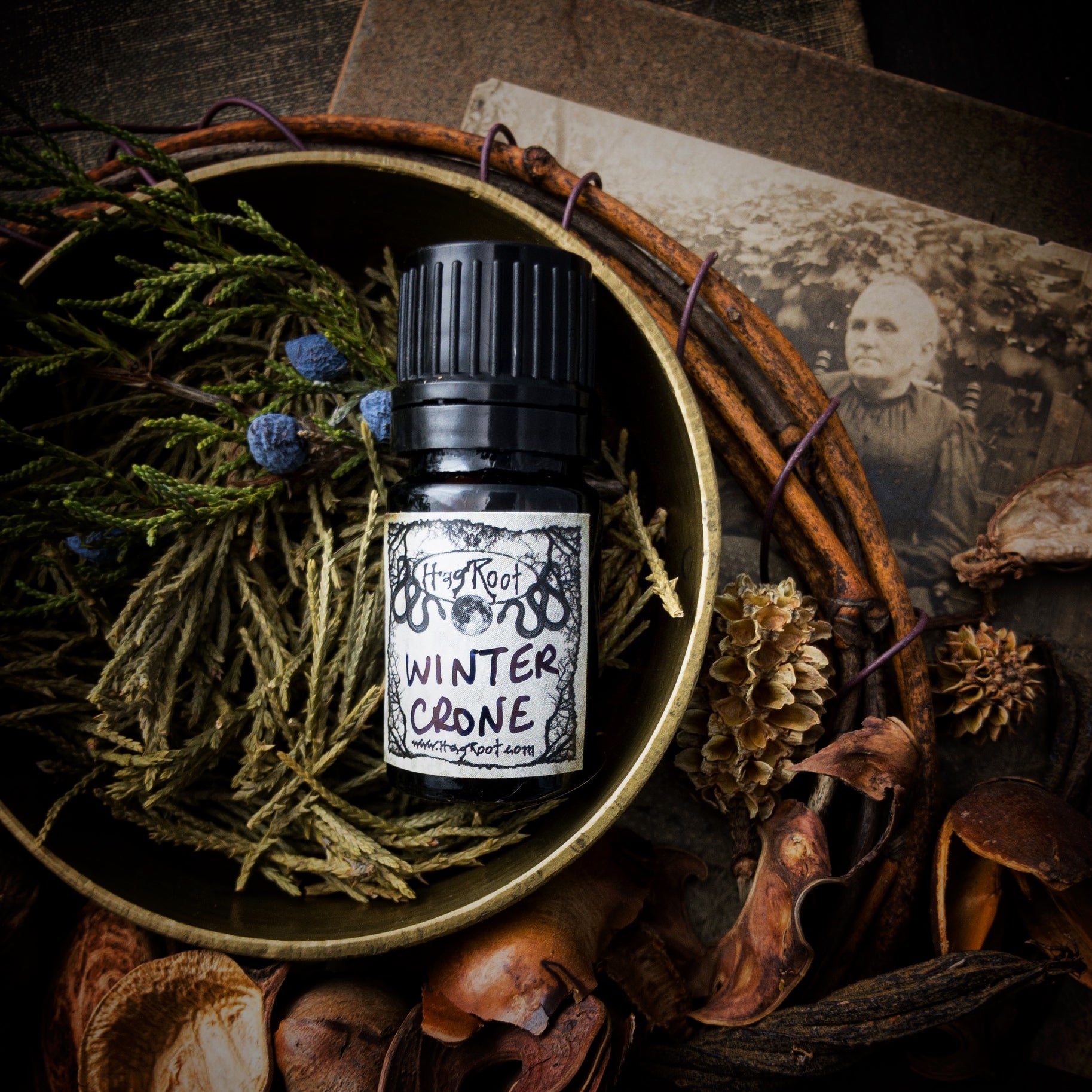 WINTER CRONE-(Snow Covered Evergreen Forests, Enchanting, Vanilla, Ceremonial Fire, Dark Spices)-Perfume, Cologne, Anointing, Ritual Oil