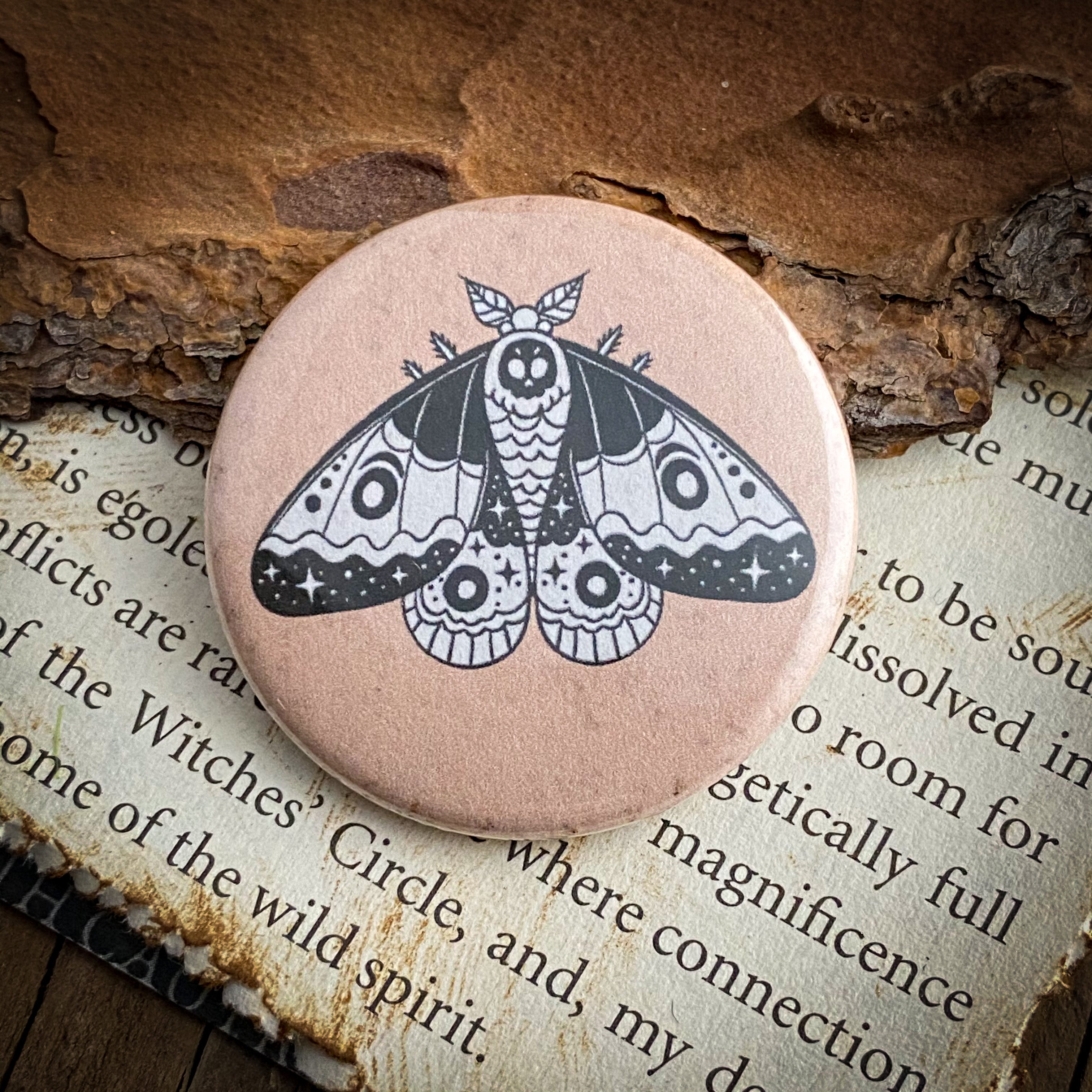 Moth - Hand Pressed Button/Pin - 1.5"
