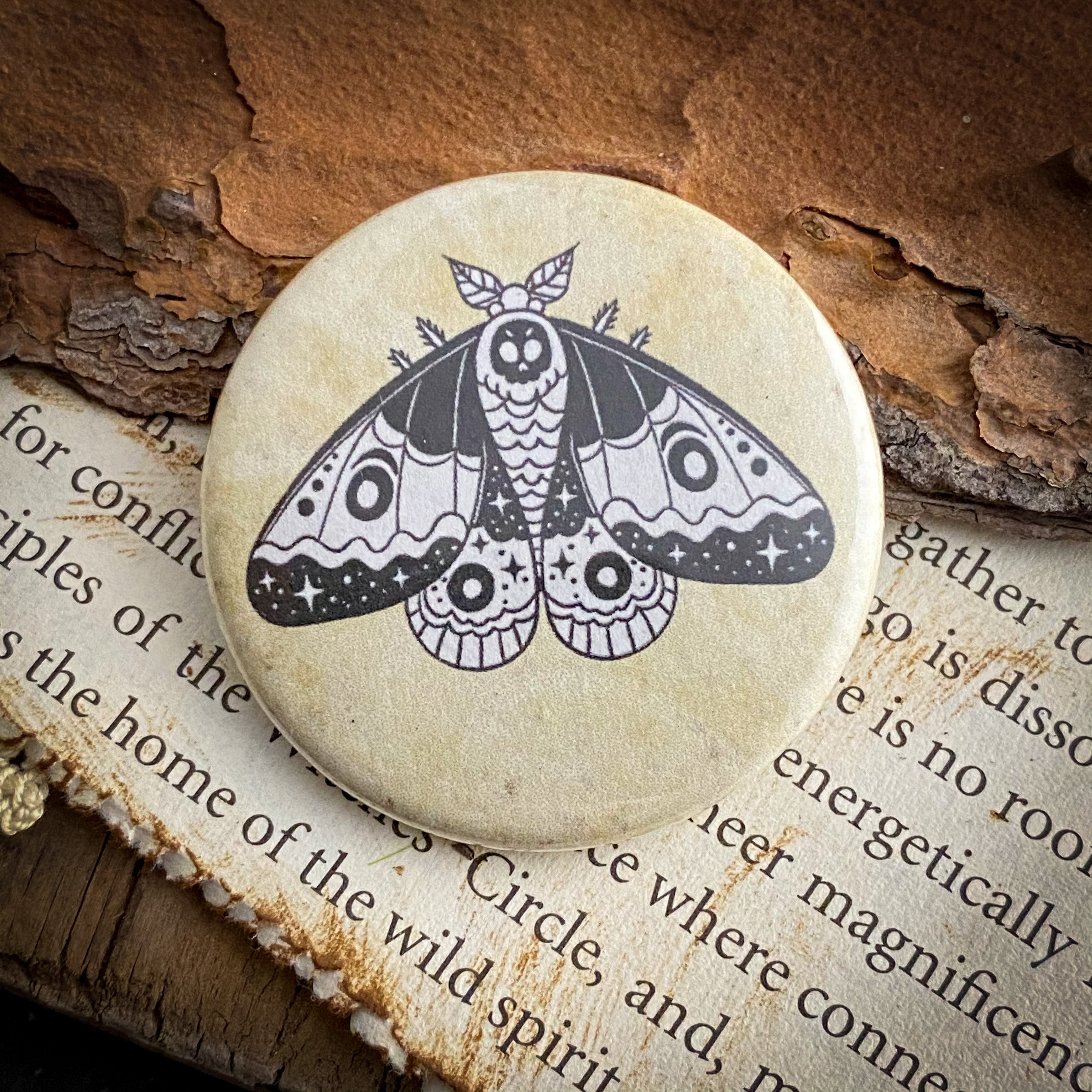 Moth - Hand Pressed Button/Pin - 1.5"