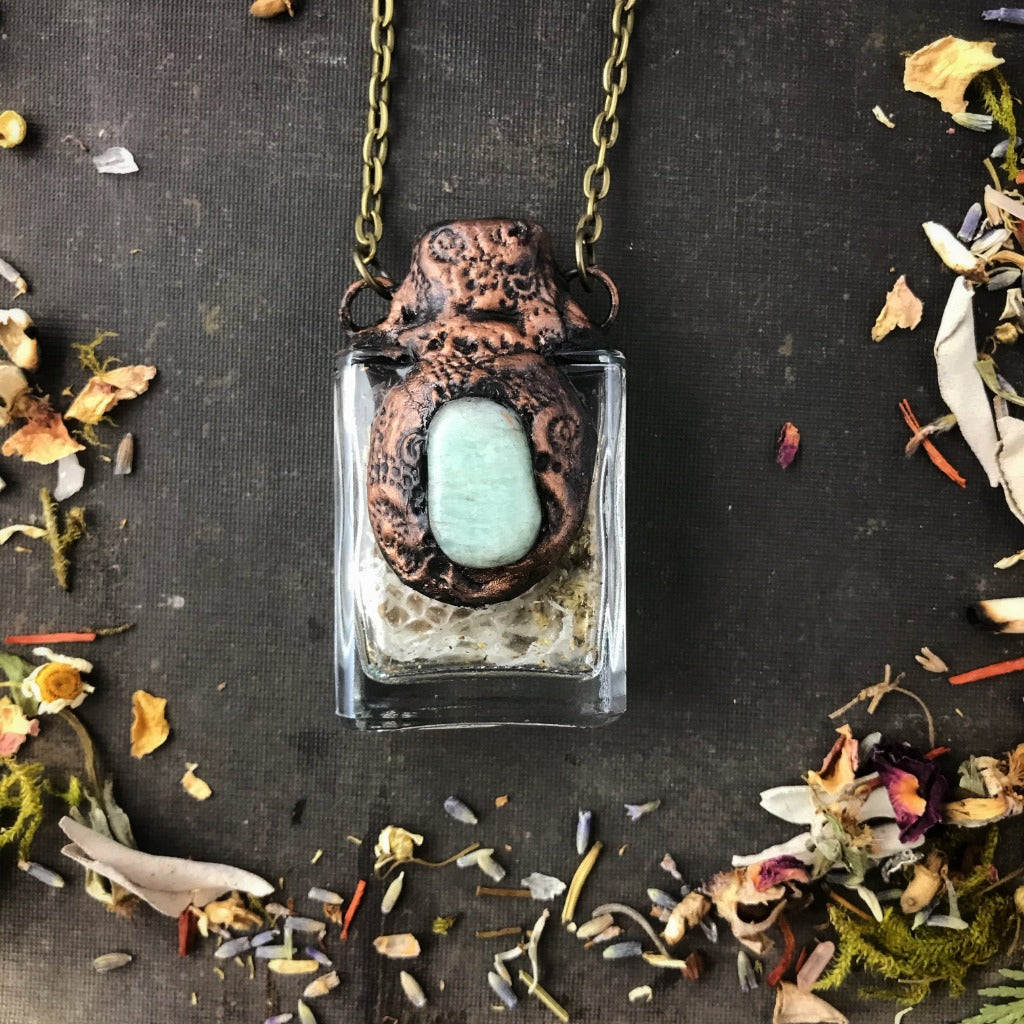 Serpent Dreams Necklace with Snake Skin with Chrysoprase + Mugwort