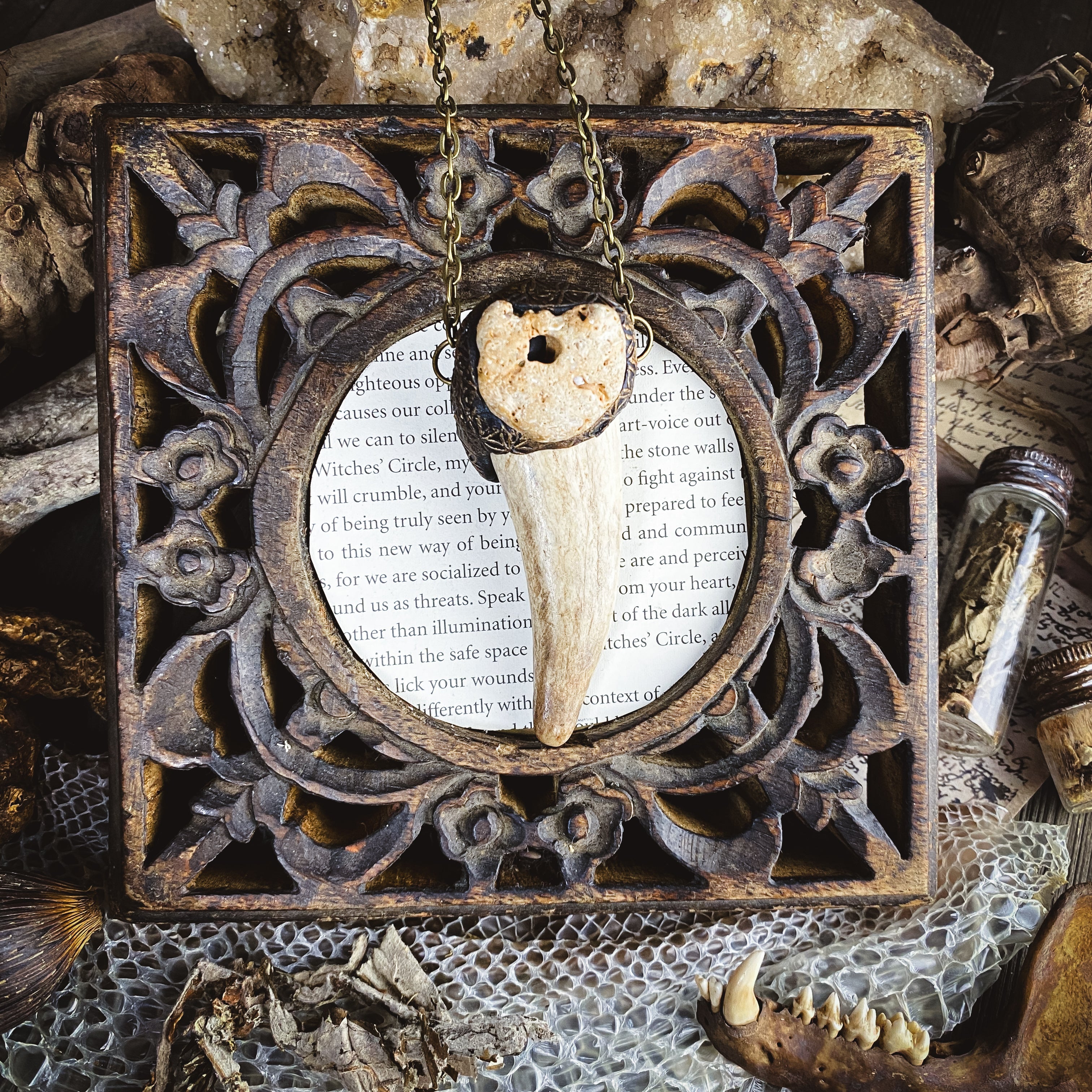 Deer Medicine Necklace - Handcrafted Antler and Hag StoneTalisman with the Flower of Life Design