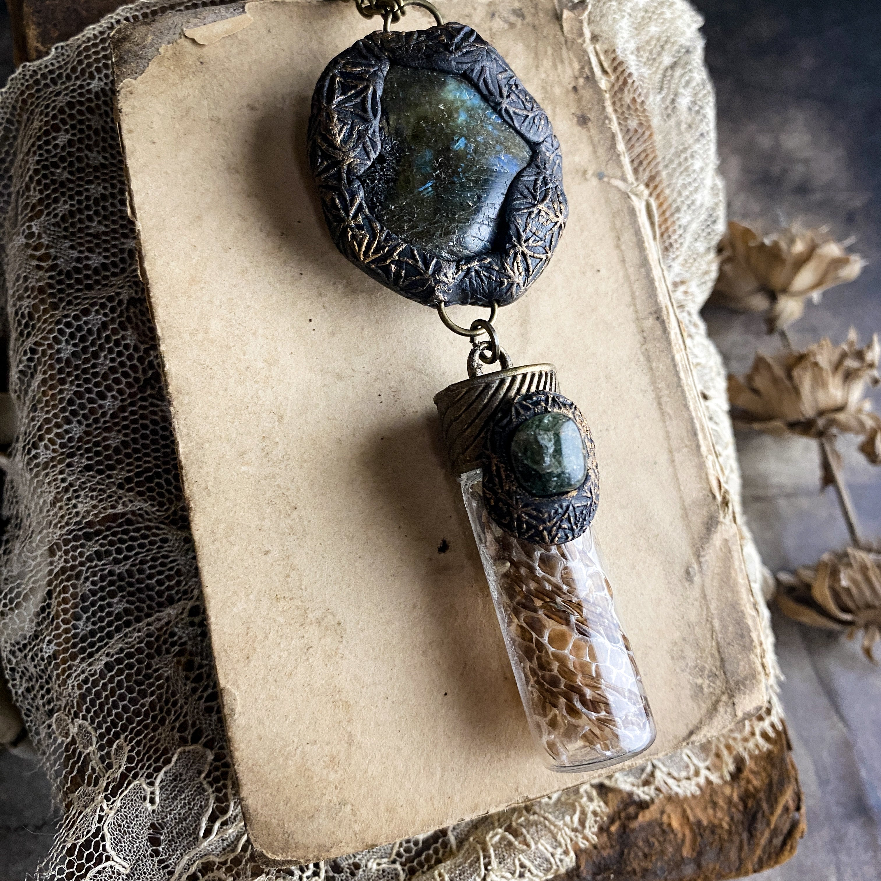 Labradorite + Ghost Quartz + Snake Skin Necklace - Handcrafted Flower of Life Clay Talisman