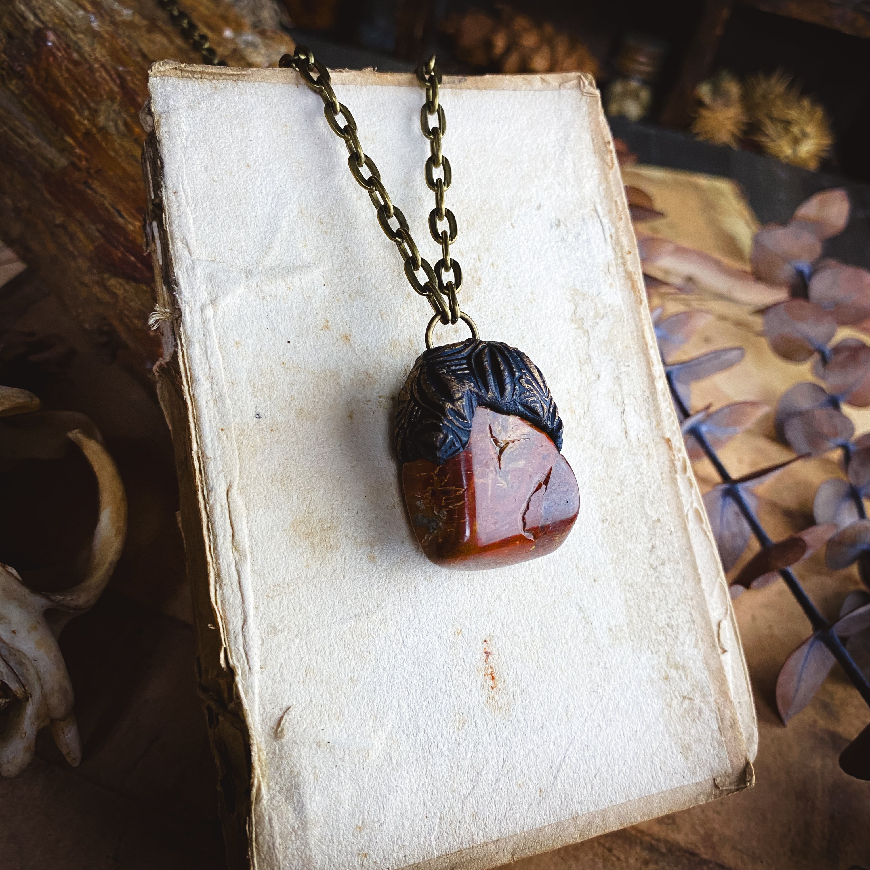 Handcrafted Clay Talisman Necklace with Petrified Wood