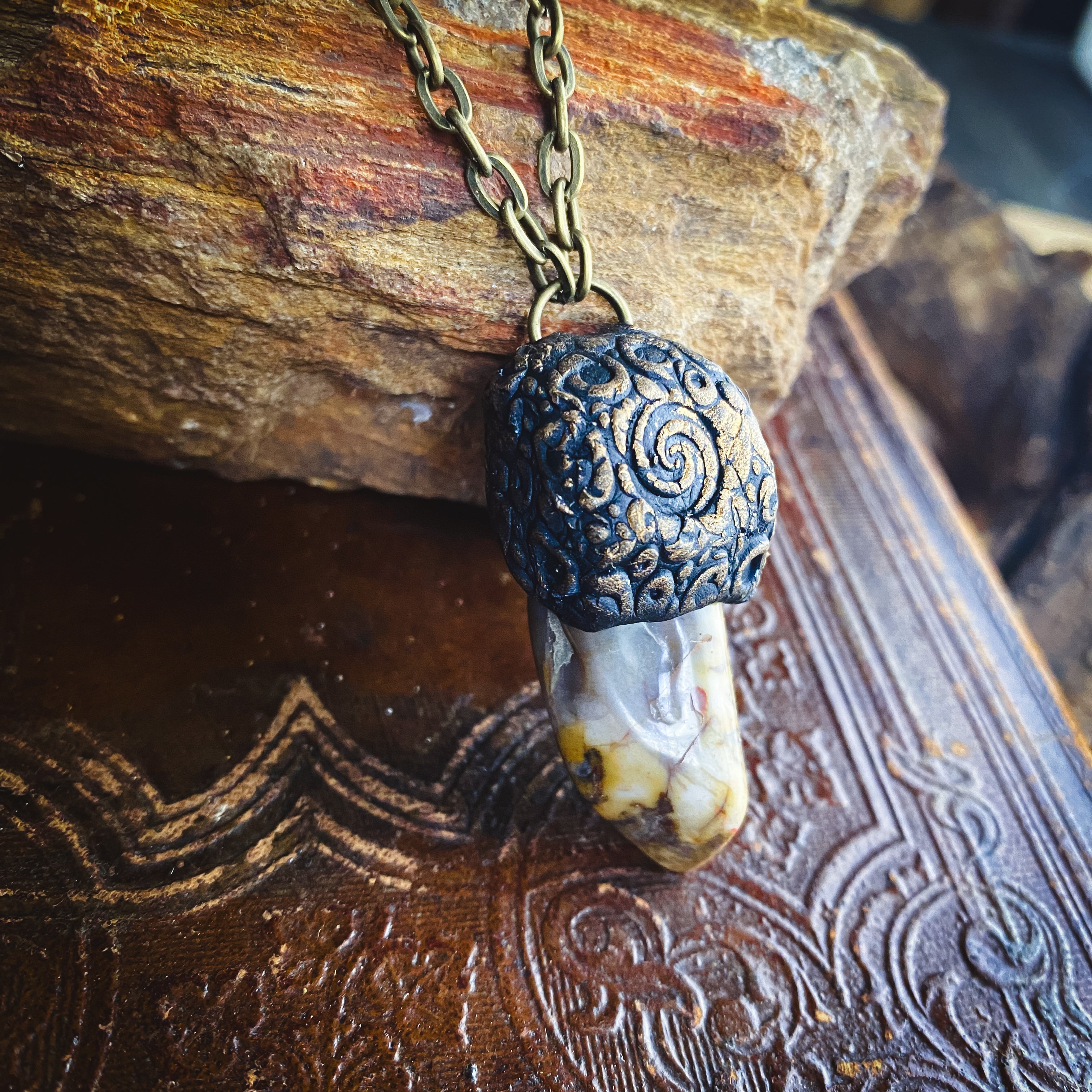 Handcrafted Clay Talisman Necklace with Petrified Wood