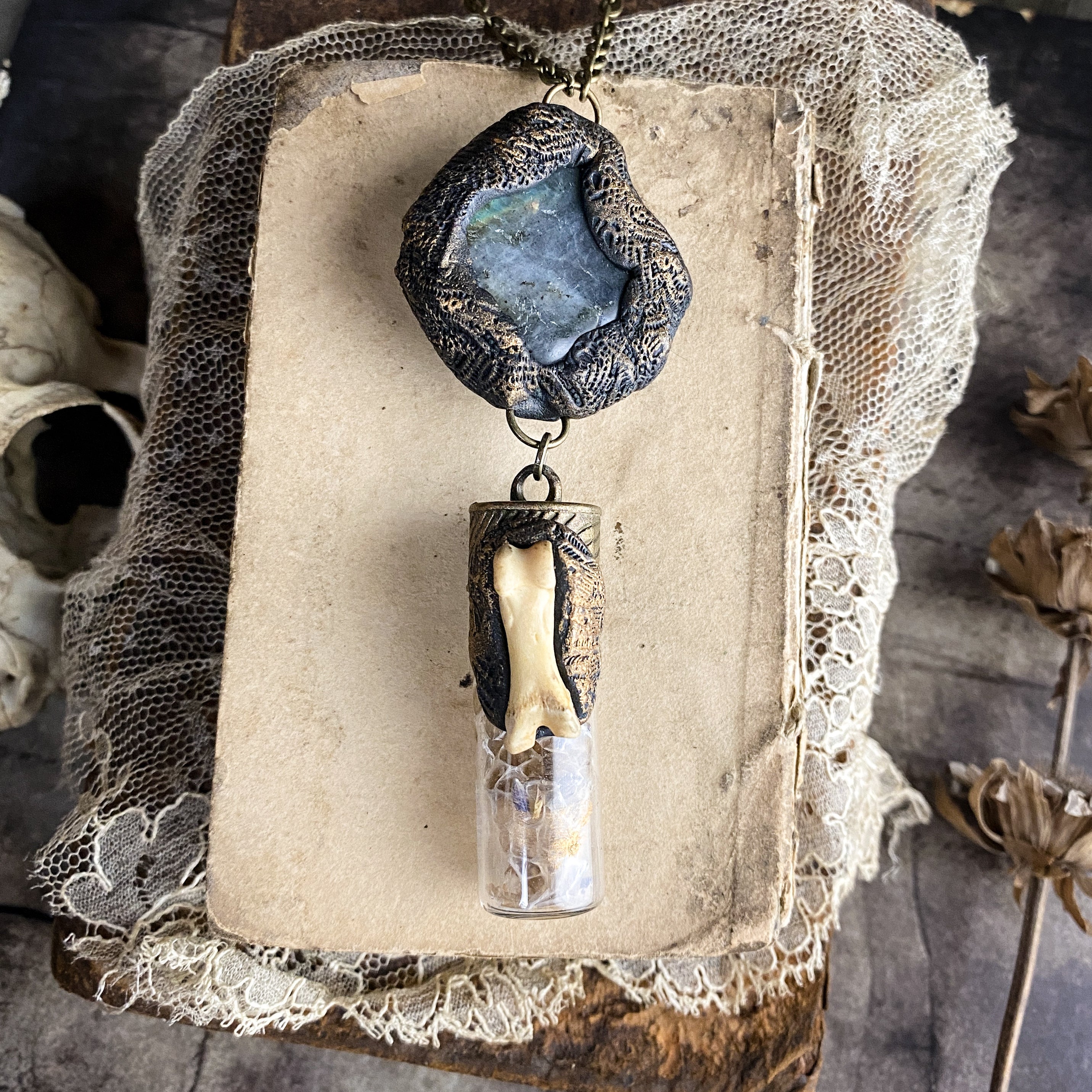 Labradorite + Snake Skin Necklace - Handcrafted Clay Talisman