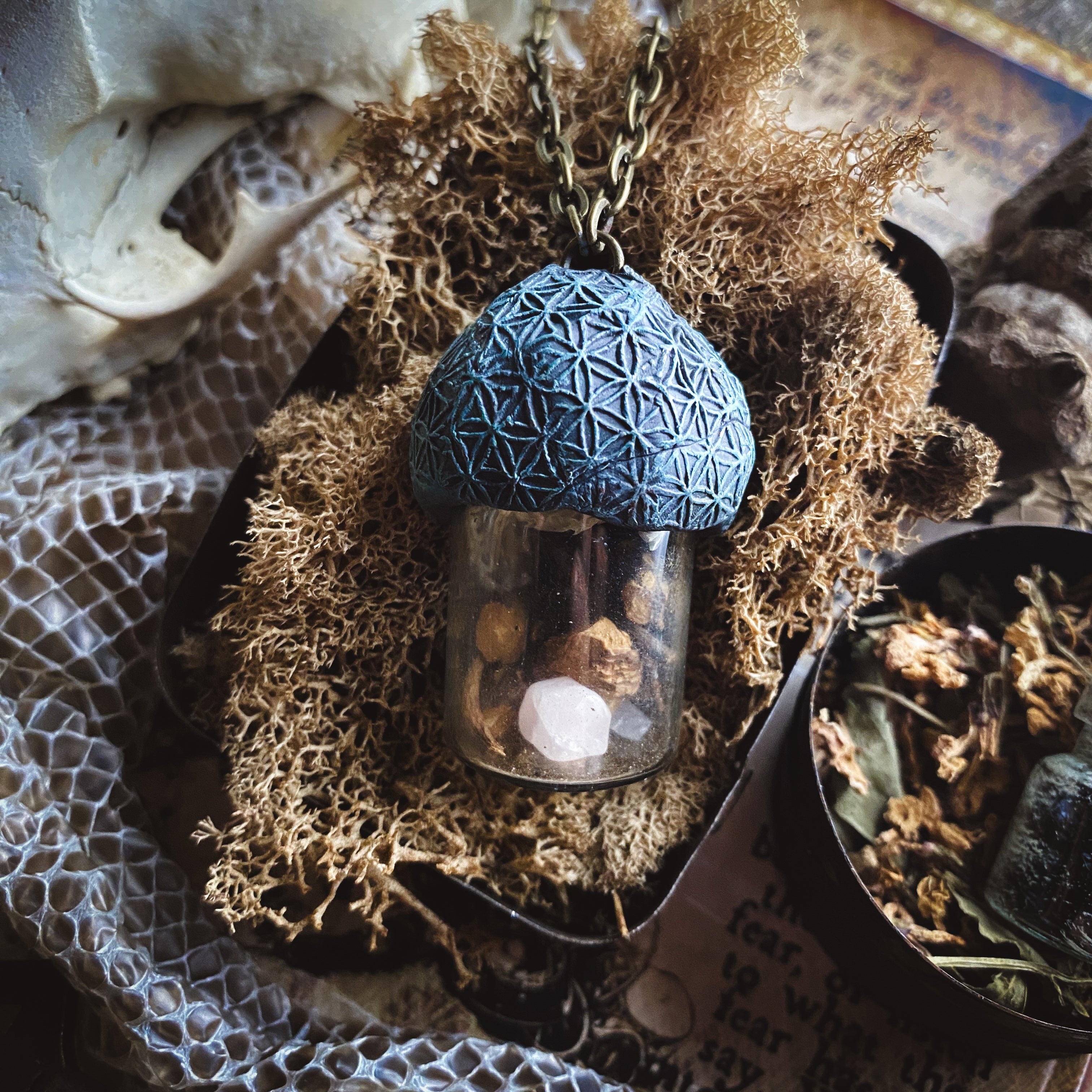 Conjure Necklace with Mandrake Root, Rose Quartz and Snake Skin for Love, Protection + Spiritual Connection with a Flower of Life Clay Pattern