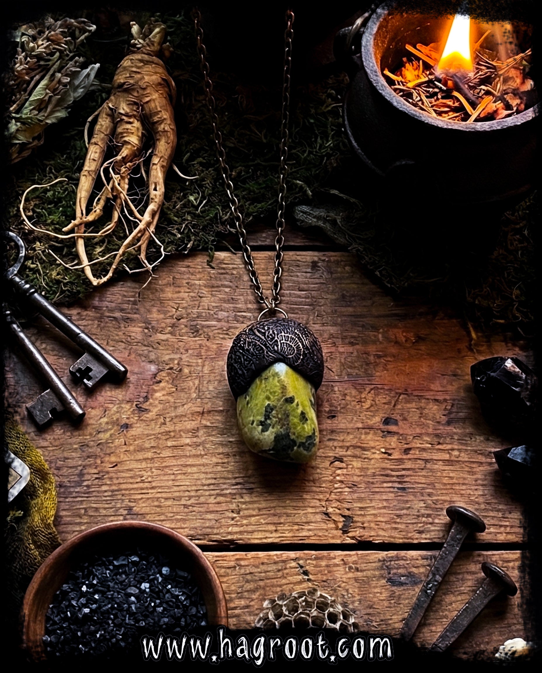 Serpentine + Clay Talisman Necklace with an Organic Pattern