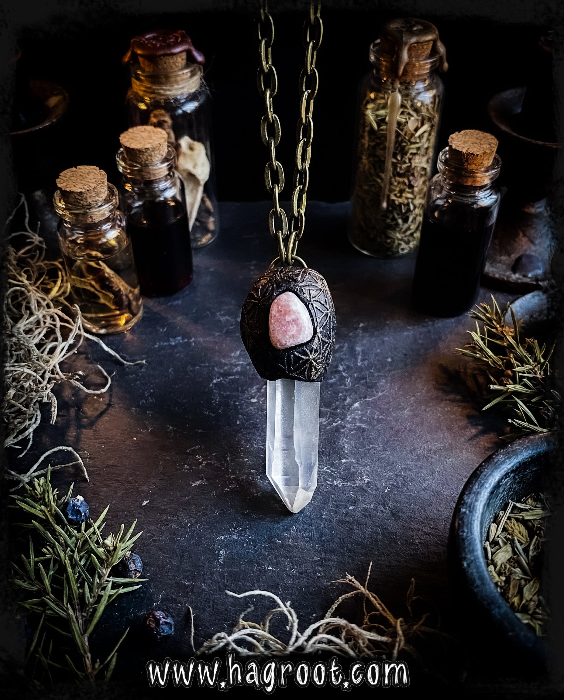 Clear Quartz + Strawberry Quartz + Clay Talisman Necklace with a Flower of Life Design