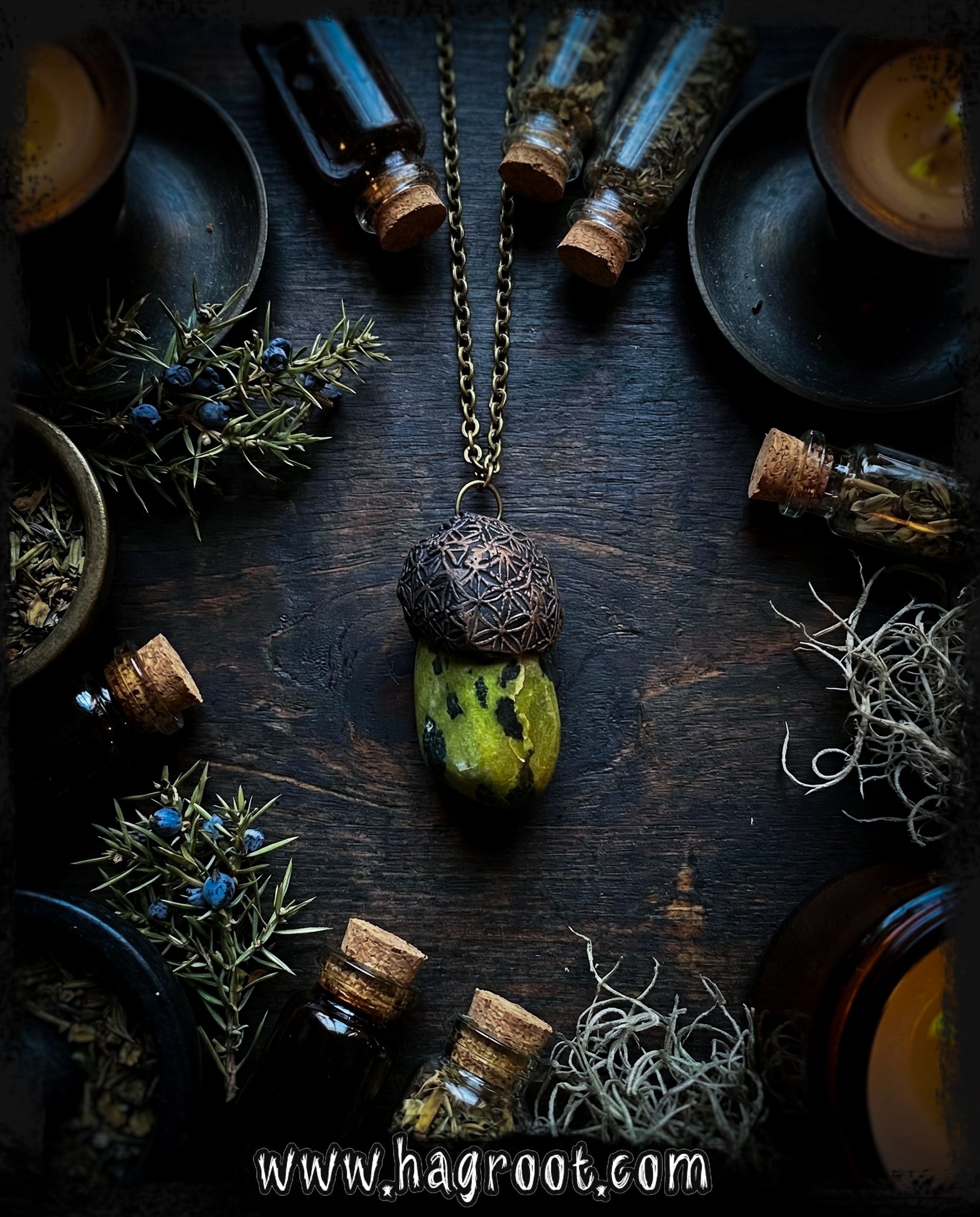 Serpentine Talisman Necklace with a Flower of Life Clay Pattern