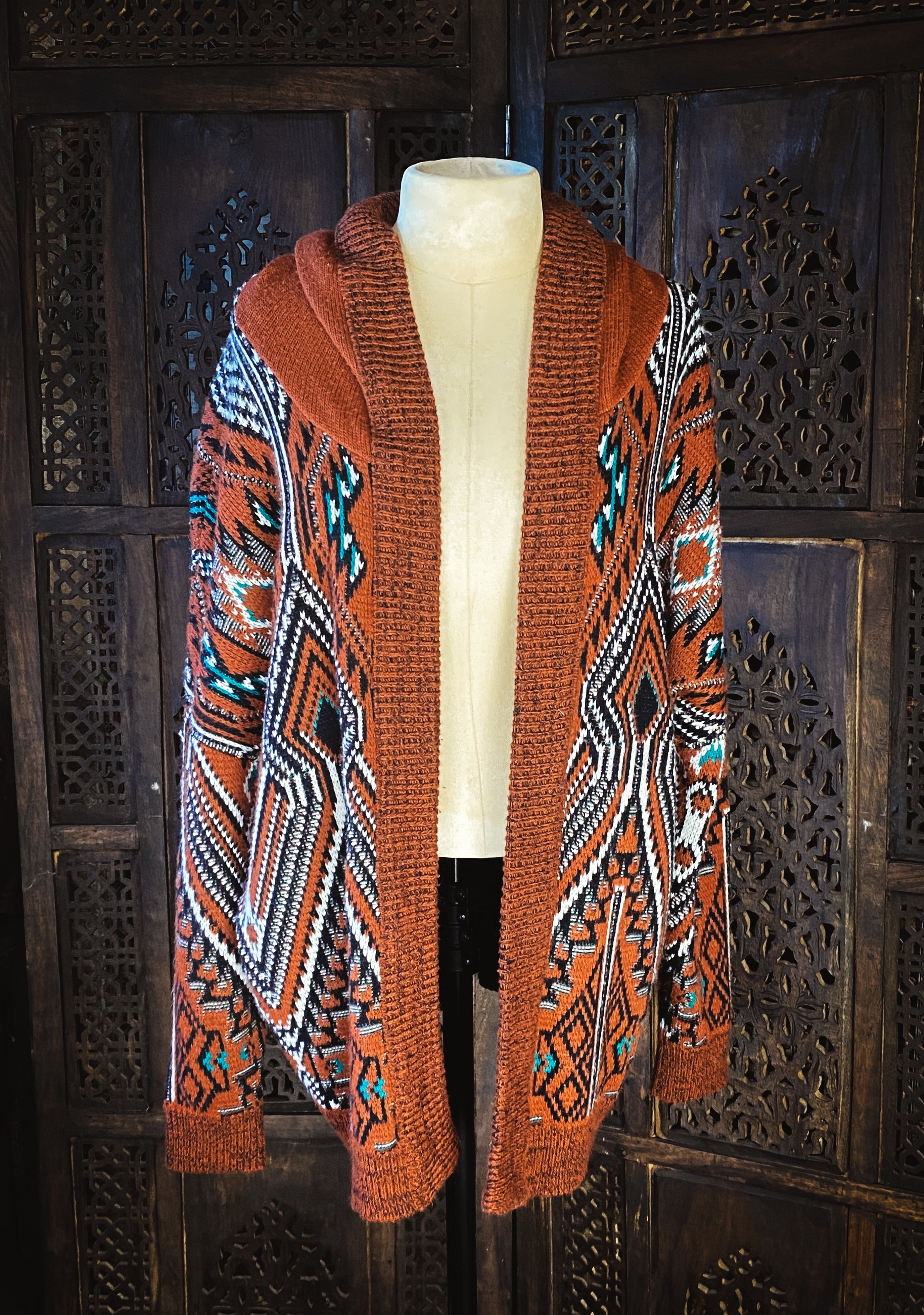 Tribal Design Cardigan With a Hood - Size Medium