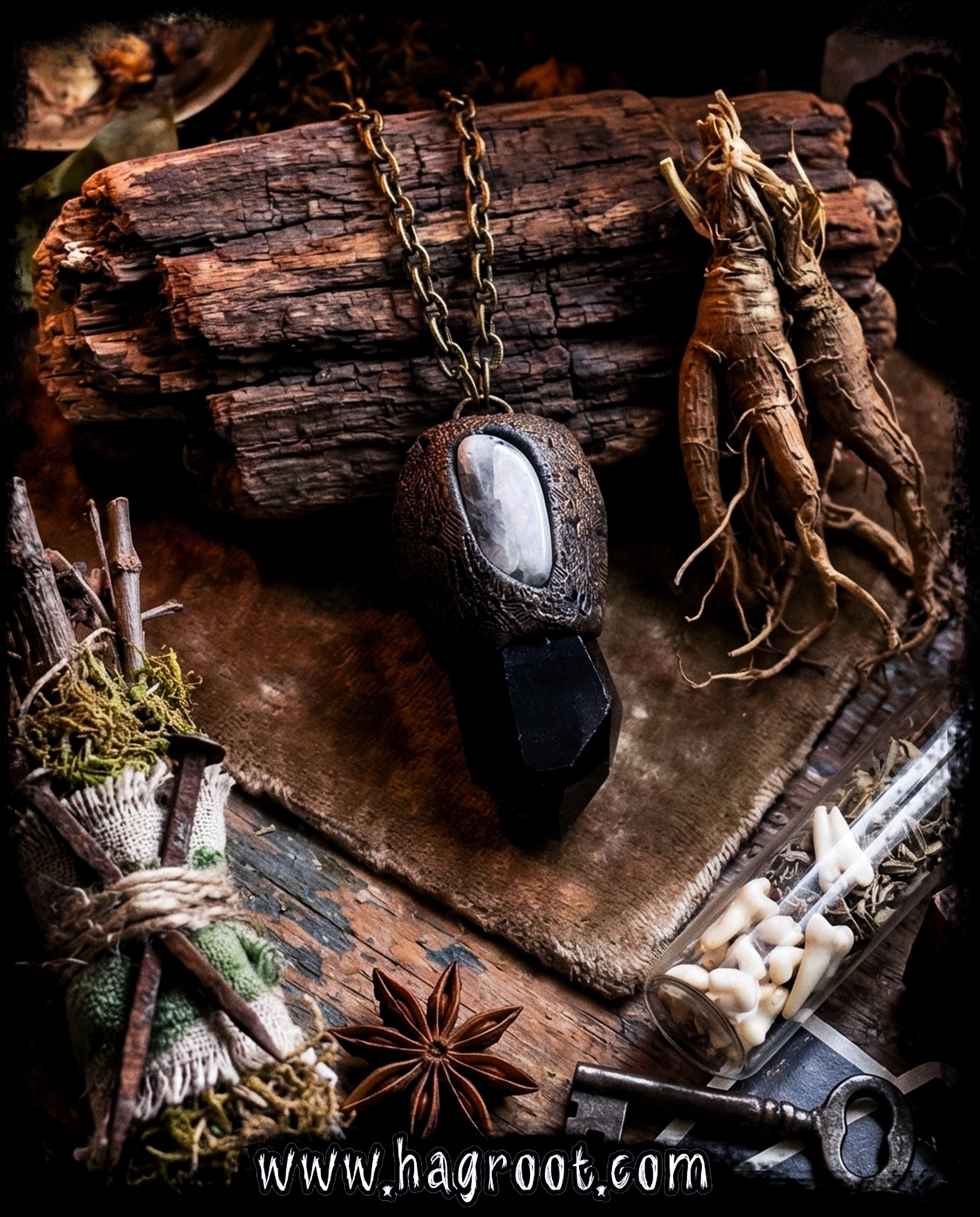 Handcrafted Clay Talisman Necklace with Smoky Quartz + Rainbow Moonstone