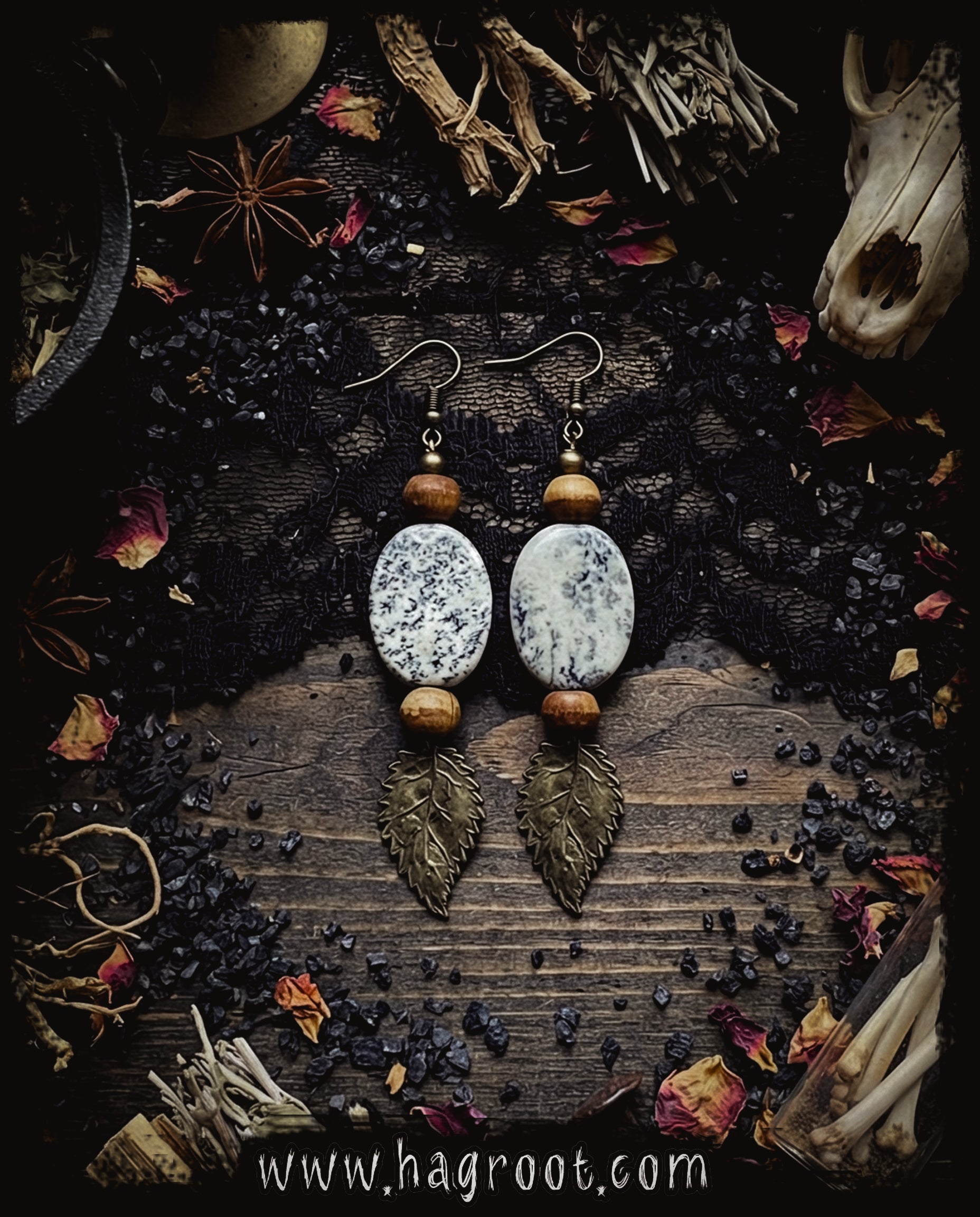 Nature Earrings with Dendritic Jasper + Leaves