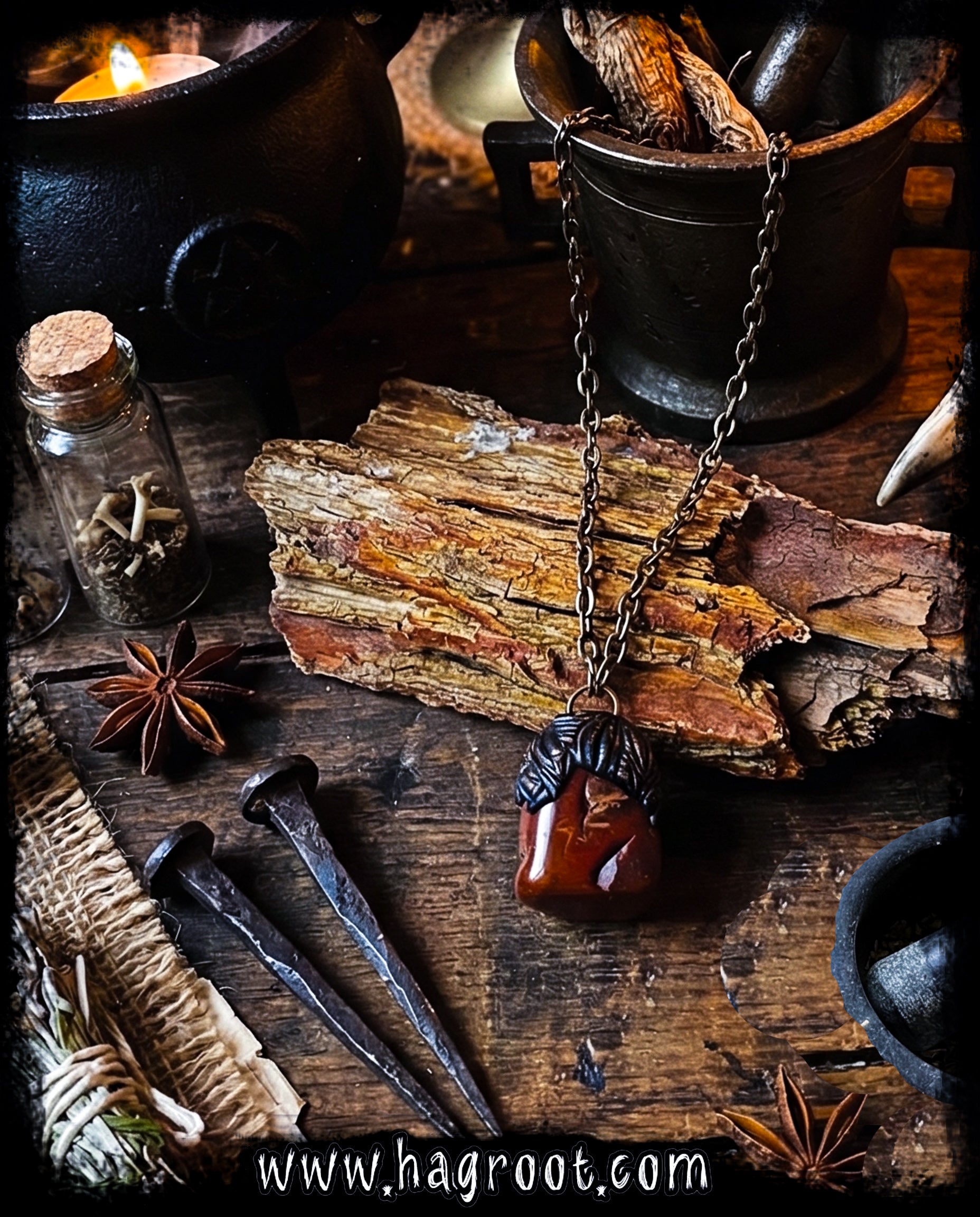 Handcrafted Clay Talisman Necklace with Petrified Wood