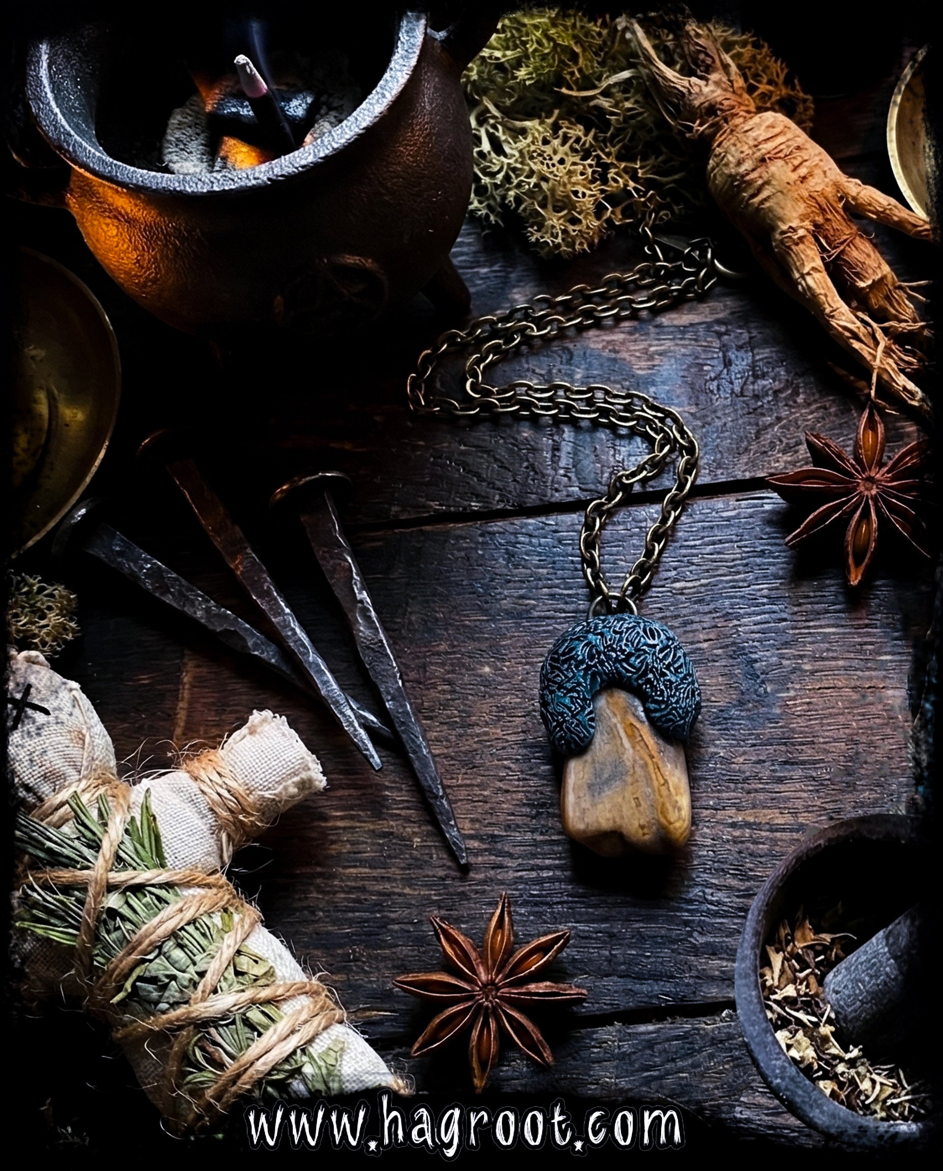 Handcrafted Clay Talisman Necklace with Petrified Wood