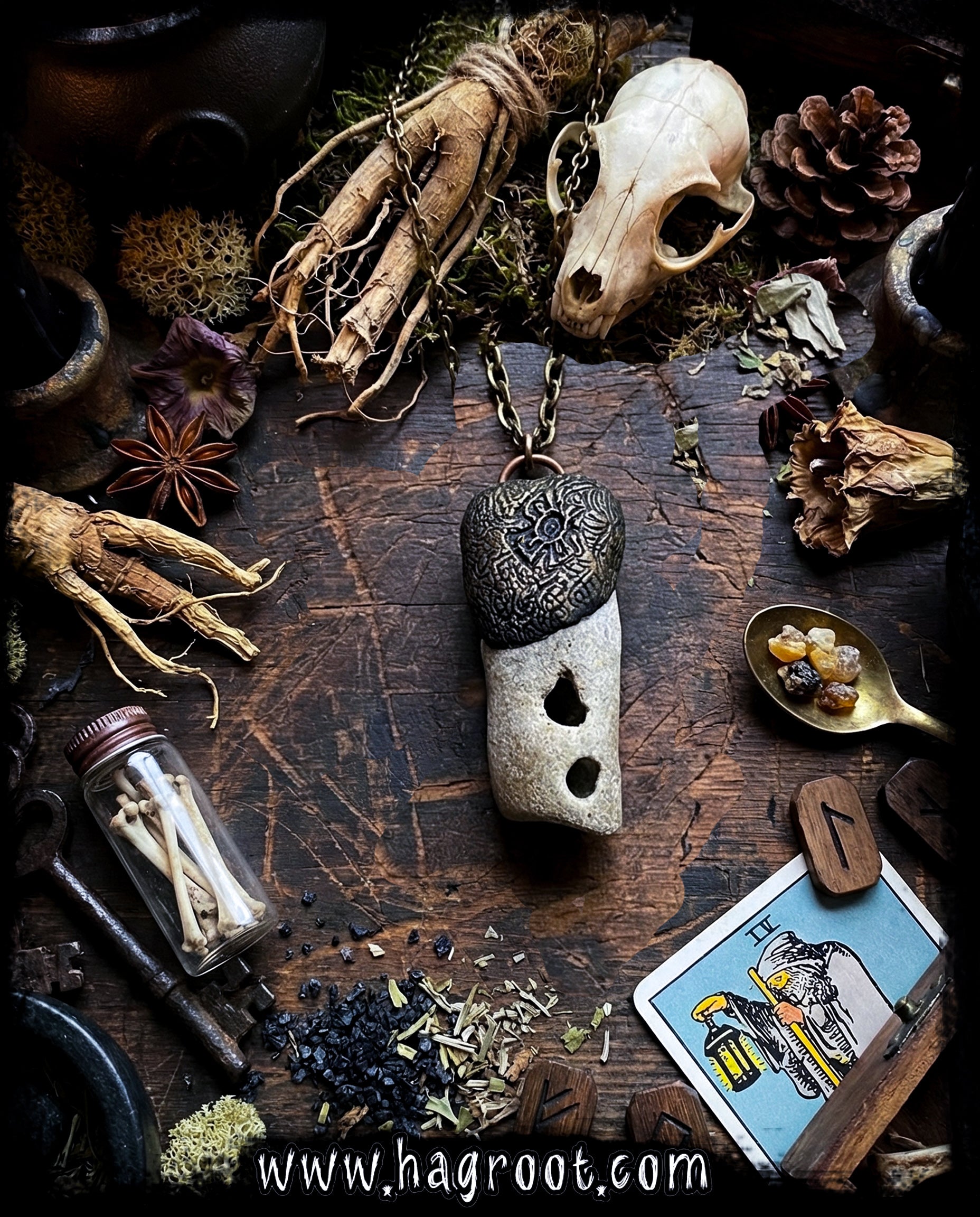 Hag Stone Talisman Necklace with a Tribal/Nature Inspired Clay Pattern