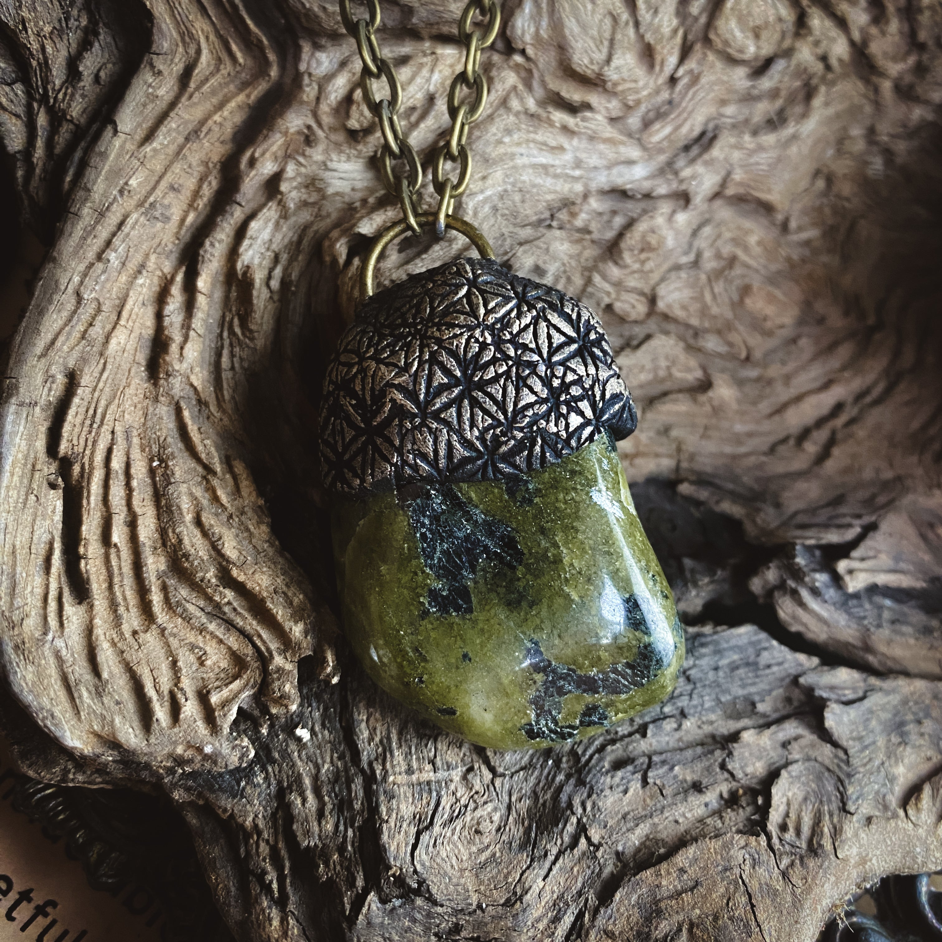 Serpentine Talisman Necklace with a Flower of Life Clay Pattern