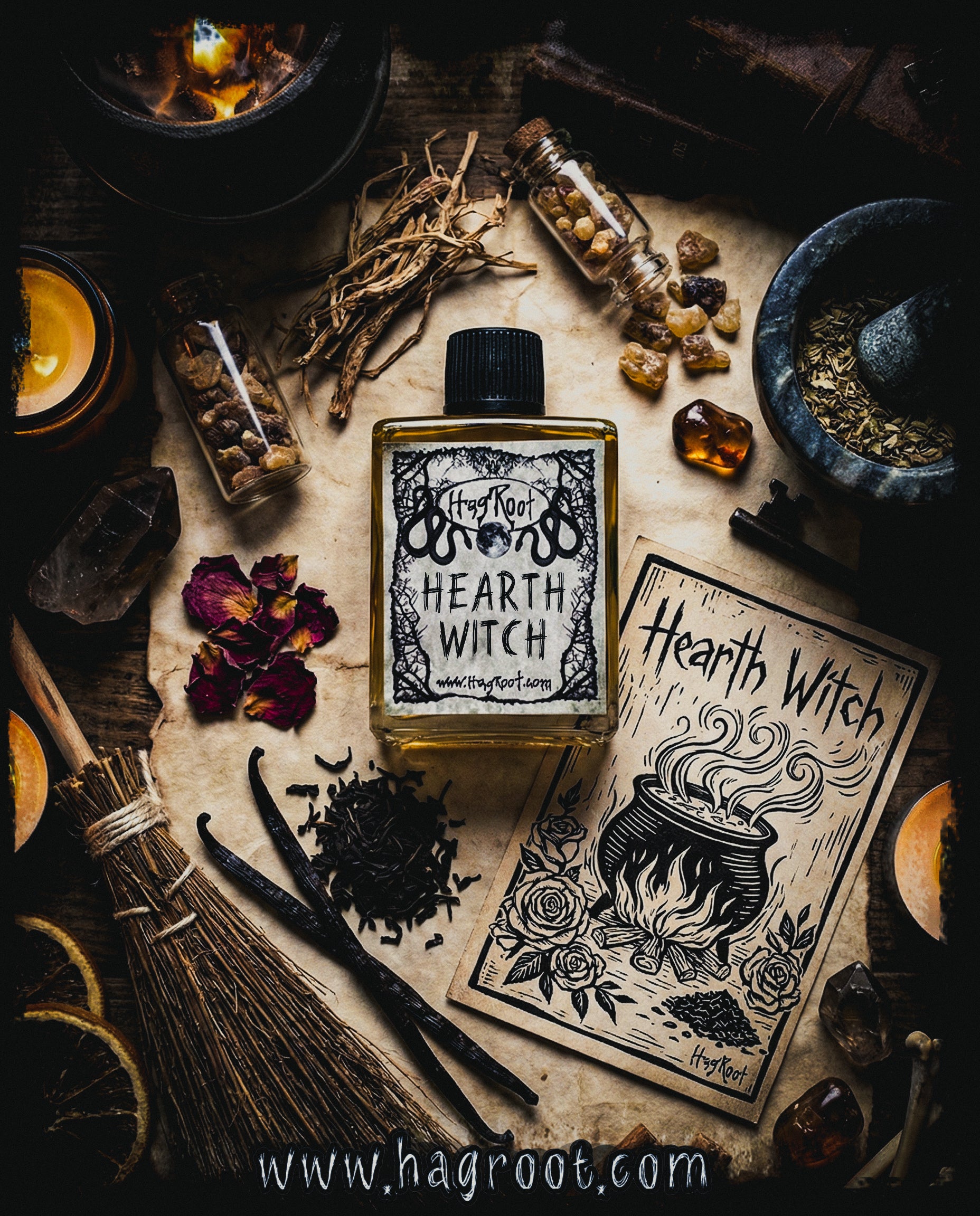 HEARTH WITCH-(Vetiver, Tonka Bean, Smoked Caramel, Rose, Amber, Vanilla, Sandalwood, Patchouli, Oakmoss, Black Tea Leaves, Cedar )-Perfume, Cologne, Anointing, Ritual Oil