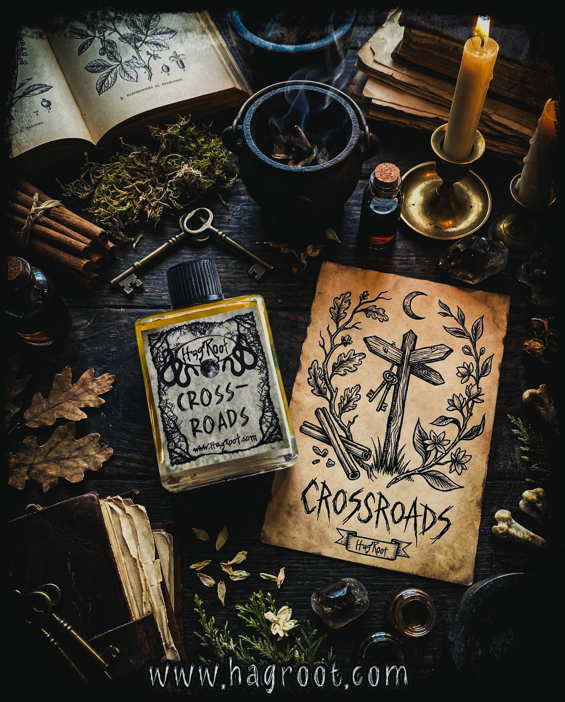 CROSSROADS-(Moss, Vanilla, Cinnamon, Oak, Black Tea, Evergreens, Hickory, Pikake Flowers, Pumpkin)-Perfume, Cologne, Anointing, Ritual Oil
