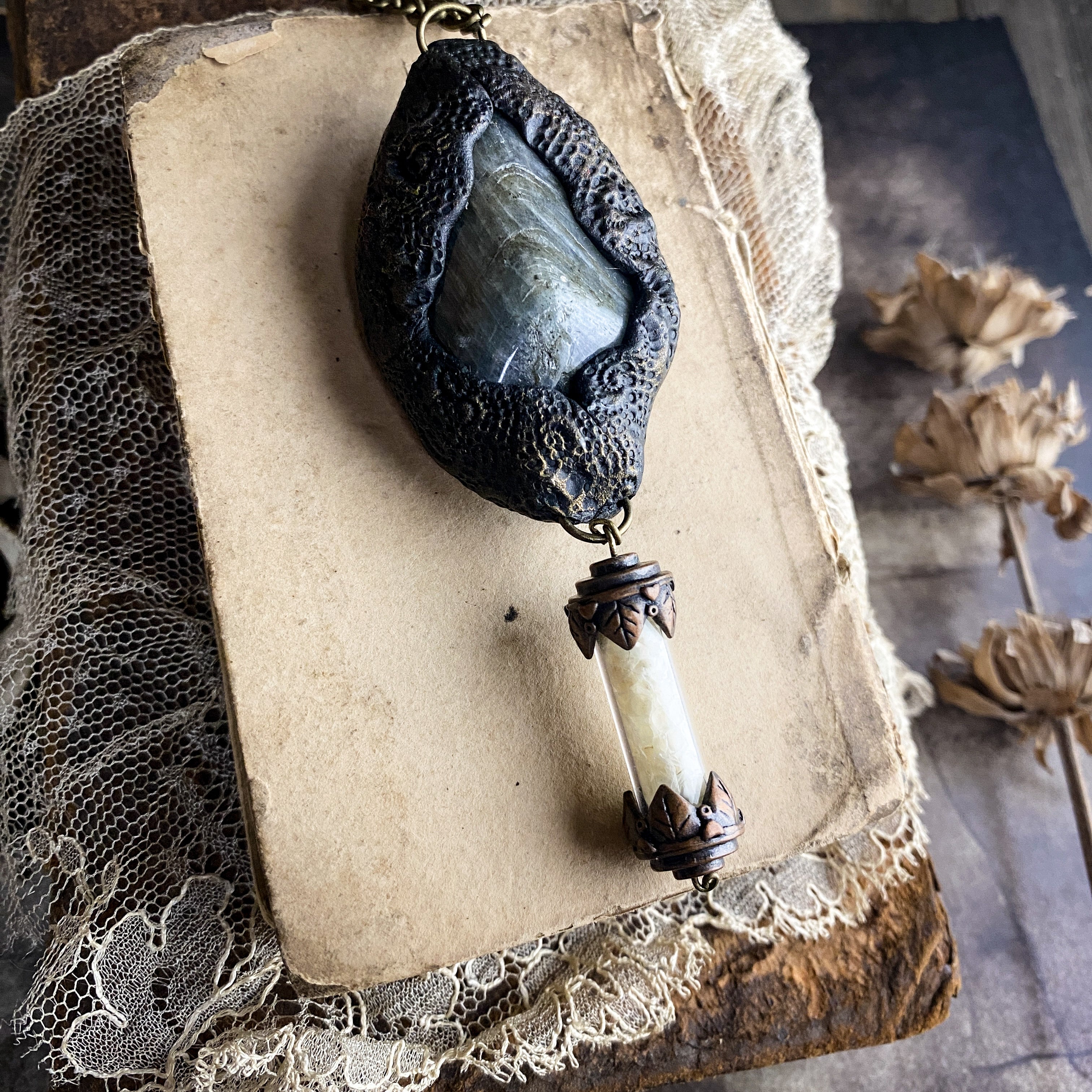 Labradorite + Snake Skin Necklace - Handcrafted Clay Talisman
