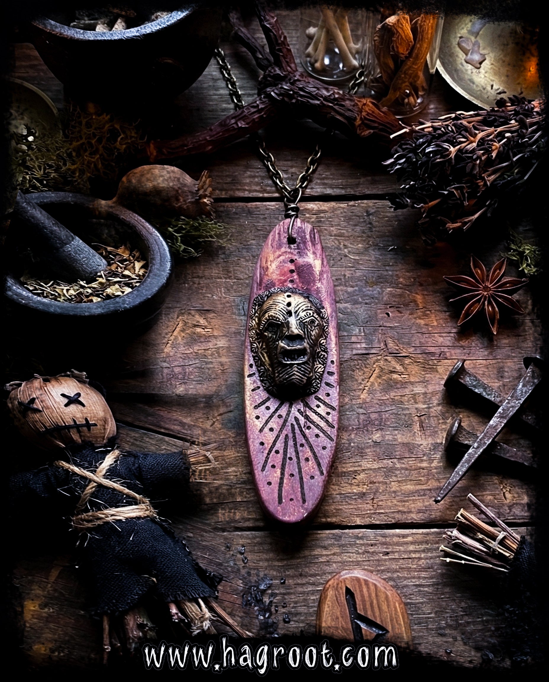 Gatekeeper of Shadows - Wood + Clay Talisman/Amulet Necklace