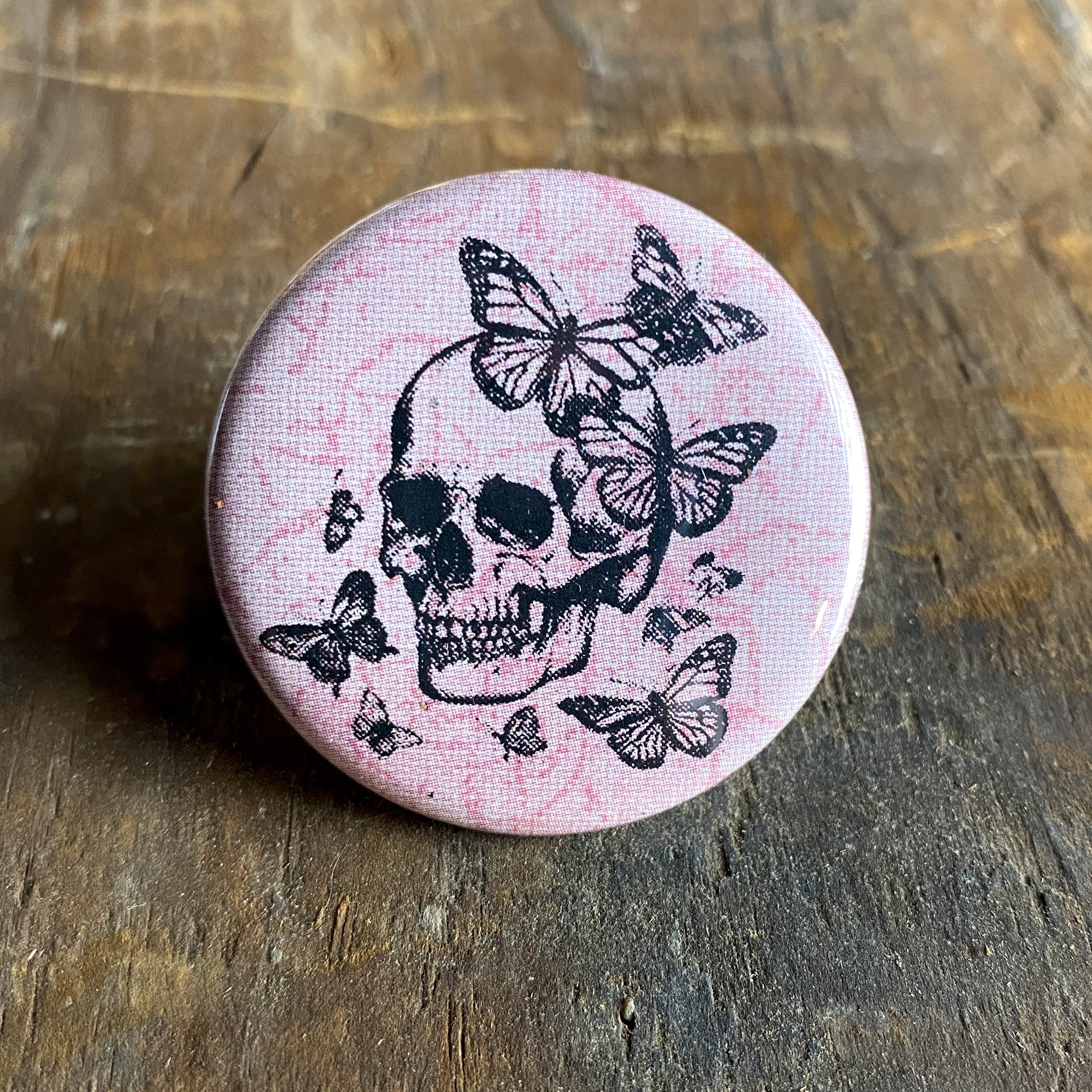 Skull With Butterflies - Hand Pressed Button/Pin - 1.5"