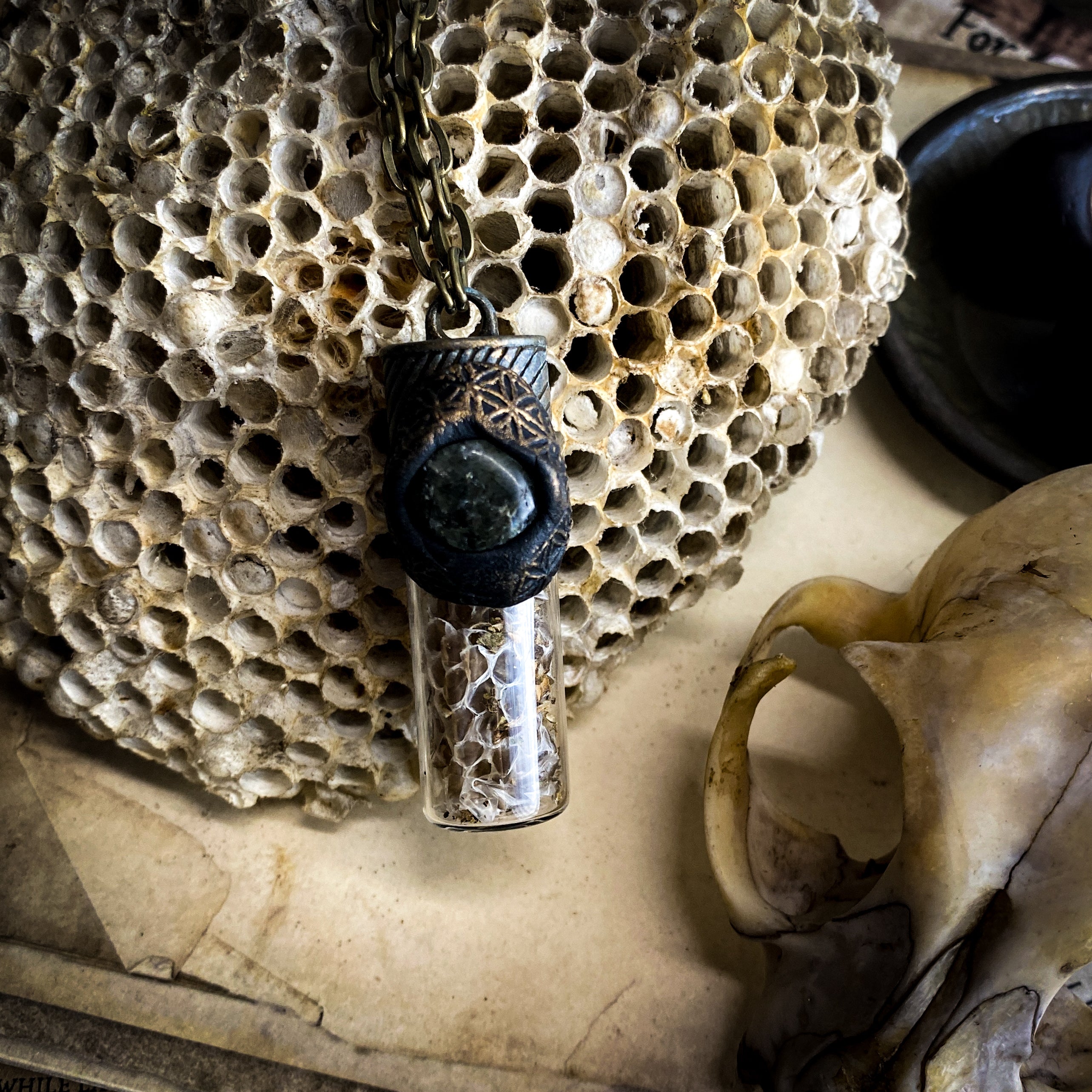 Conjure Necklace for Fierceness + Courage with Motherwort, Tigers Eye + Snake Skin