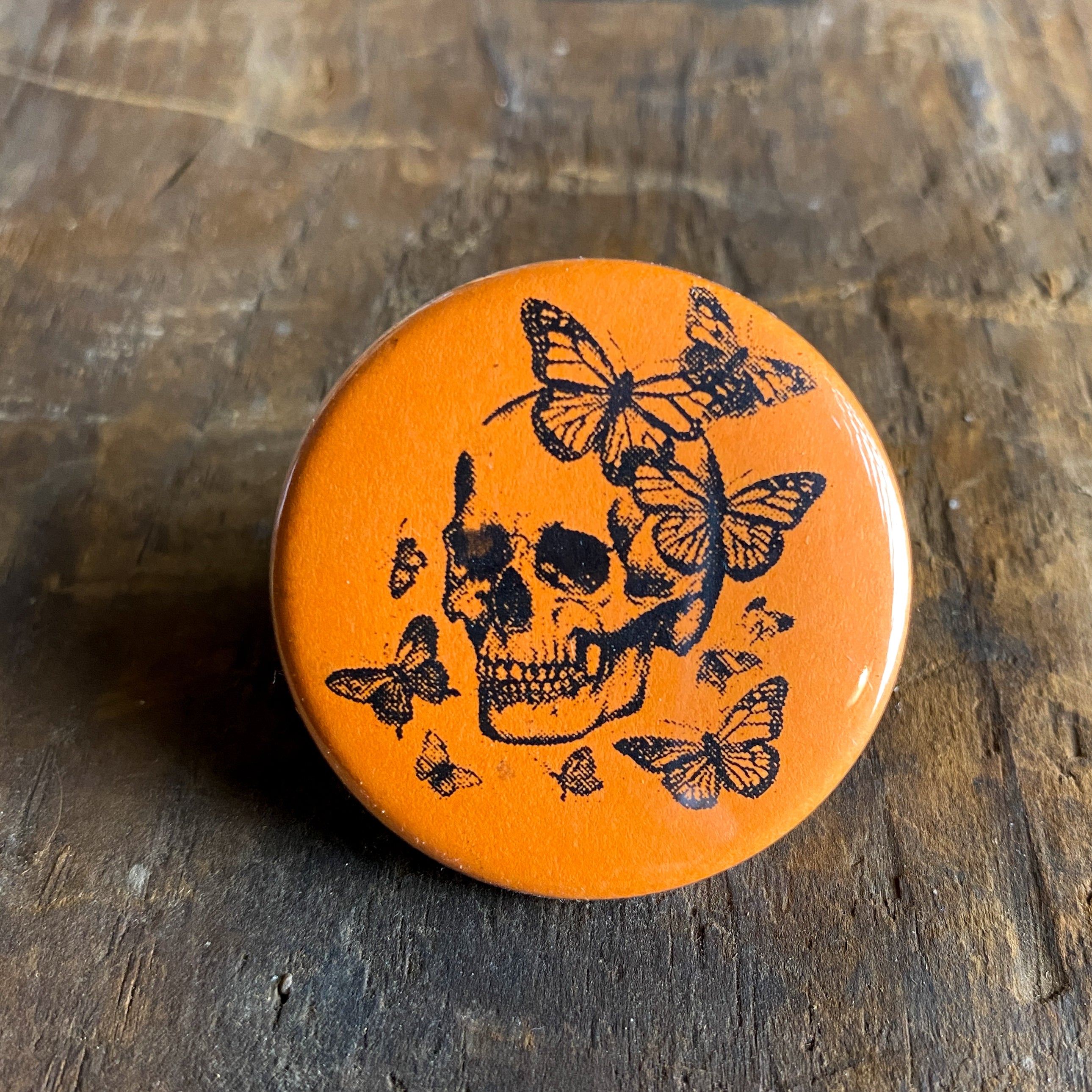 Skull With Butterflies - Hand Pressed Button/Pin - 1.5"