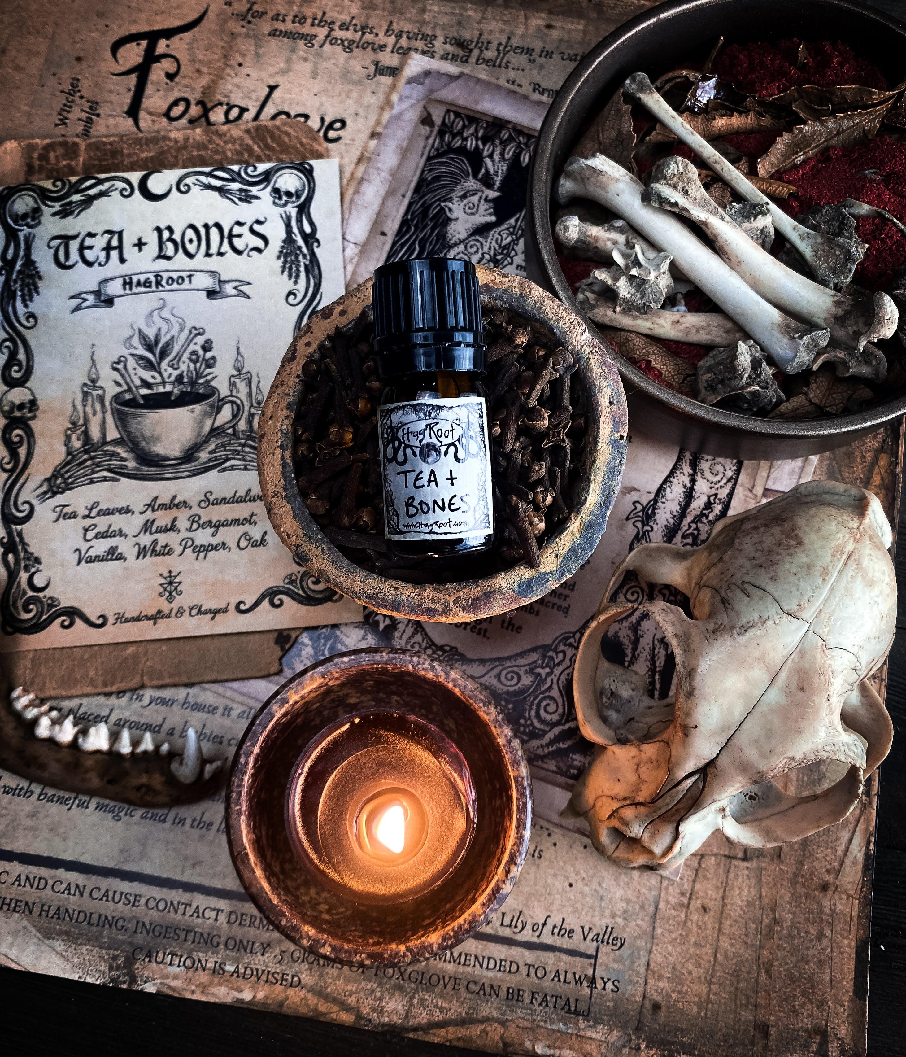 TEA + BONES-(Tea Leaves, Amber, Sandalwood, Cedar, Musk, Bergamot, Vanilla, White Pepper, Oak)-Perfume, Cologne, Anointing, Ritual Oil