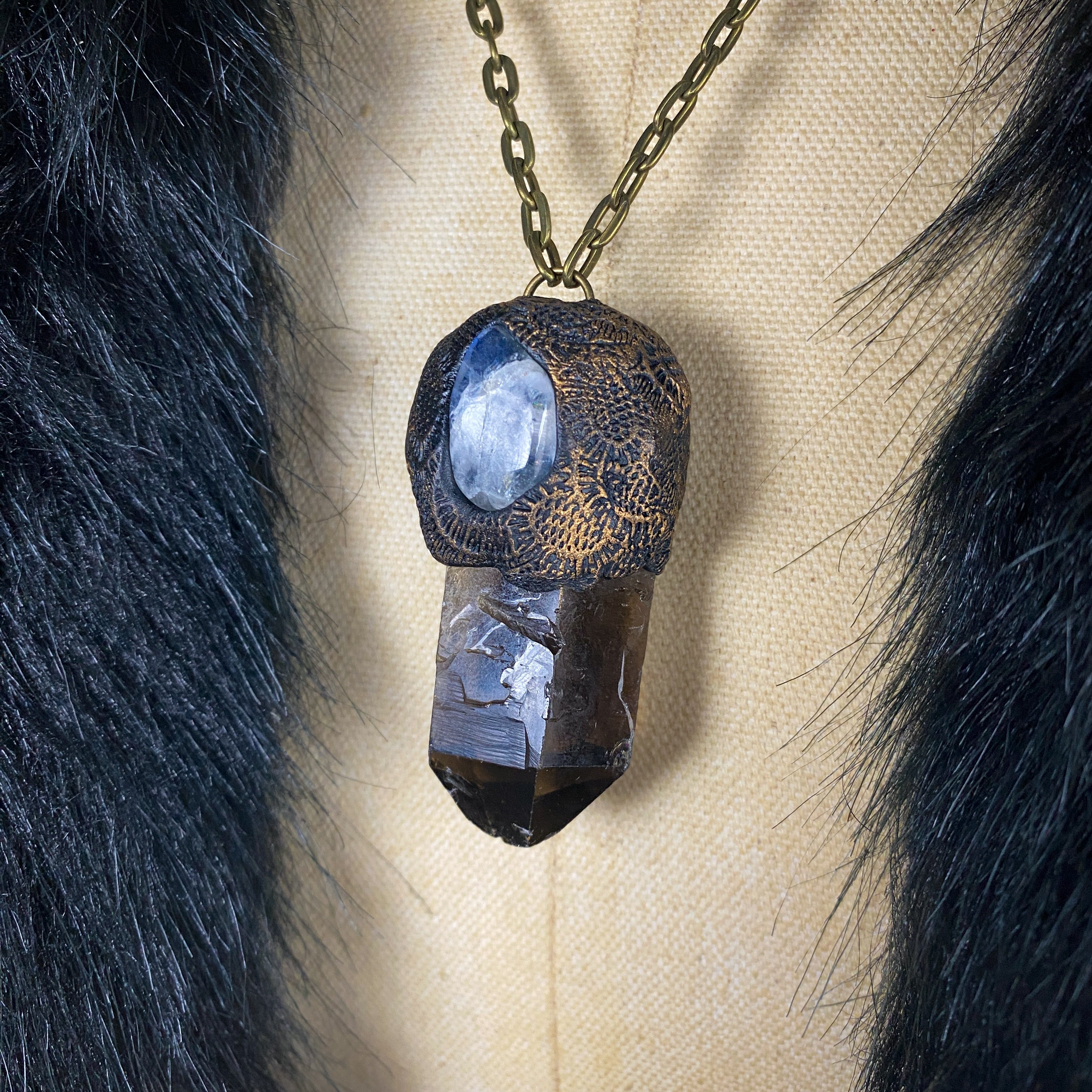 Handcrafted Clay Talisman Necklace with Smoky Quartz + Rainbow Moonstone