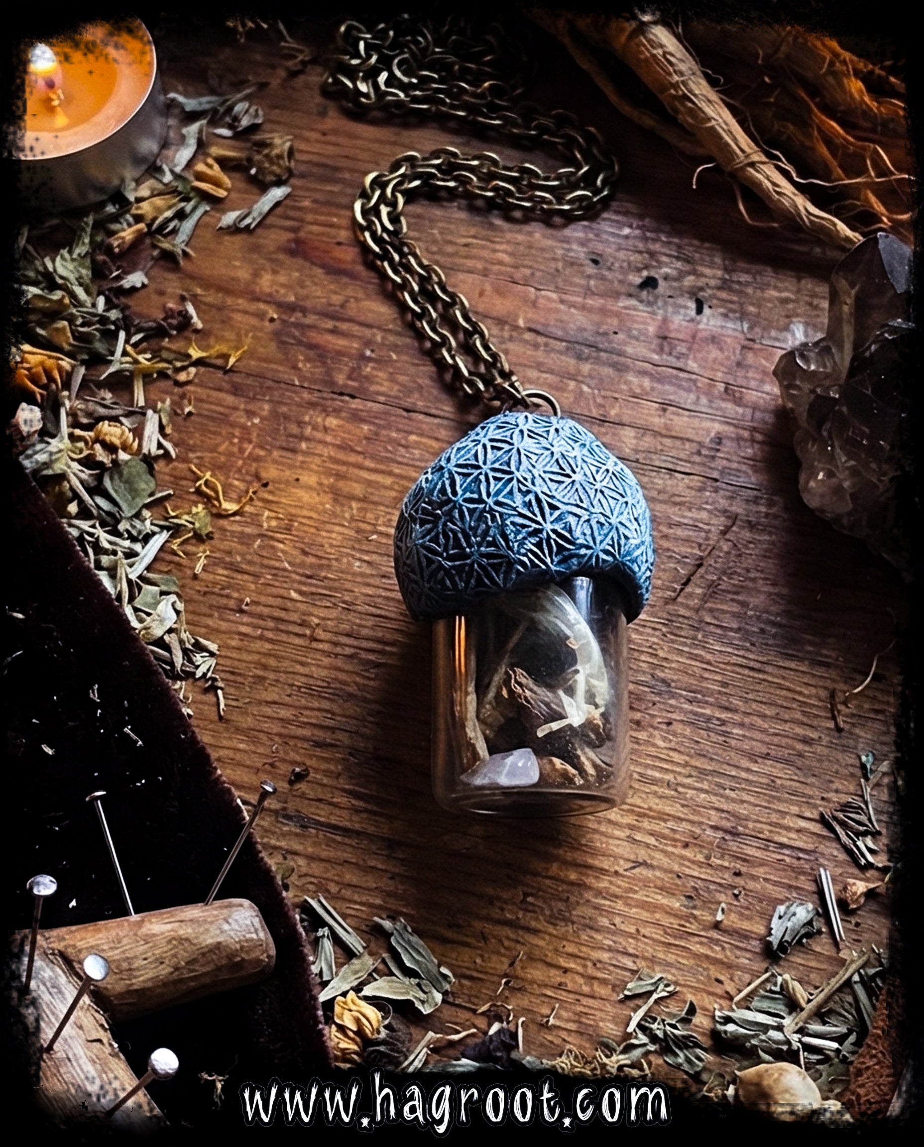 Conjure Necklace with Mandrake Root, Rose Quartz and Snake Skin for Love, Protection + Spiritual Connection with a Flower of Life Clay Pattern