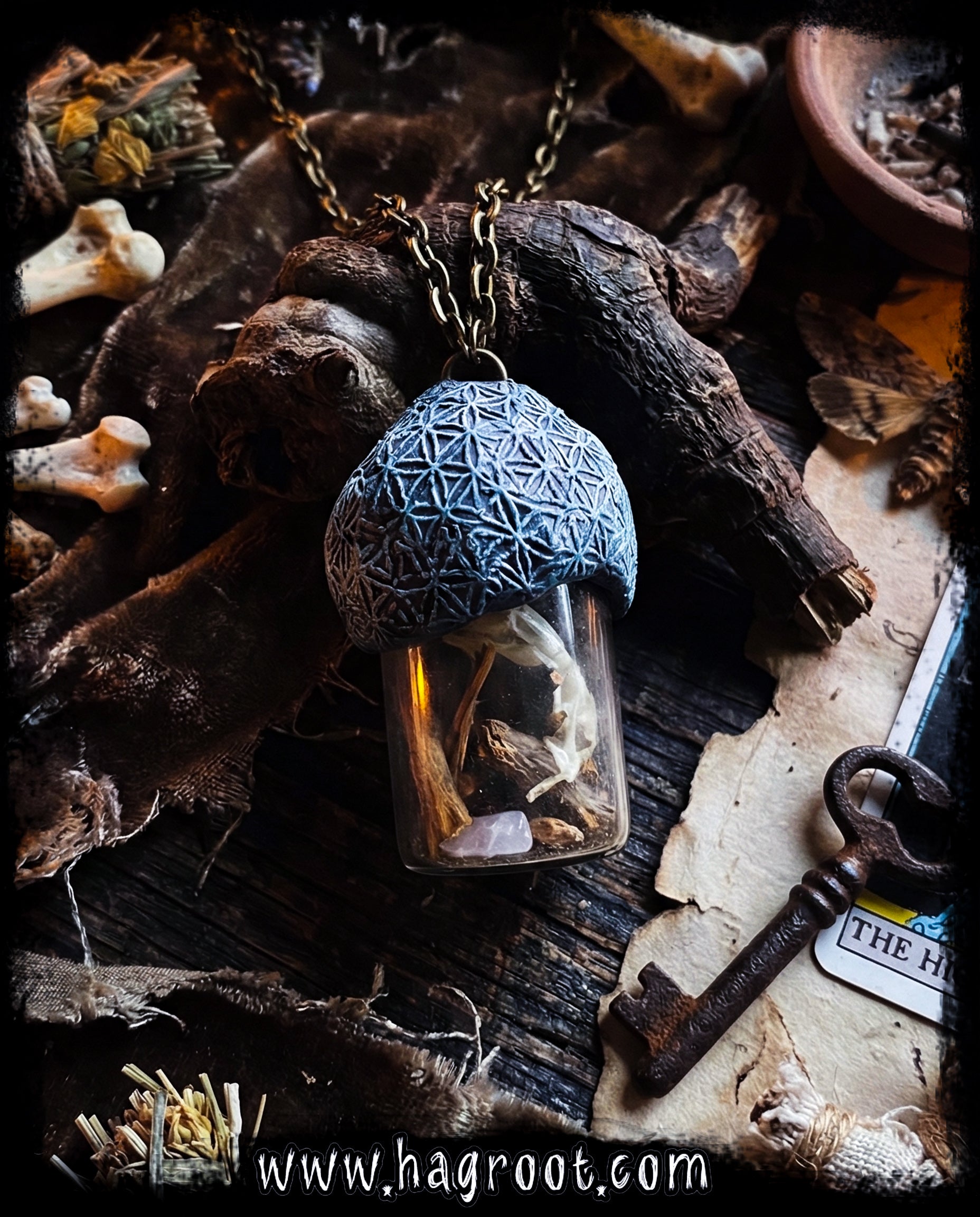 Conjure Necklace with Mandrake Root, Rose Quartz and Snake Skin for Love, Protection + Spiritual Connection with a Flower of Life Clay Pattern