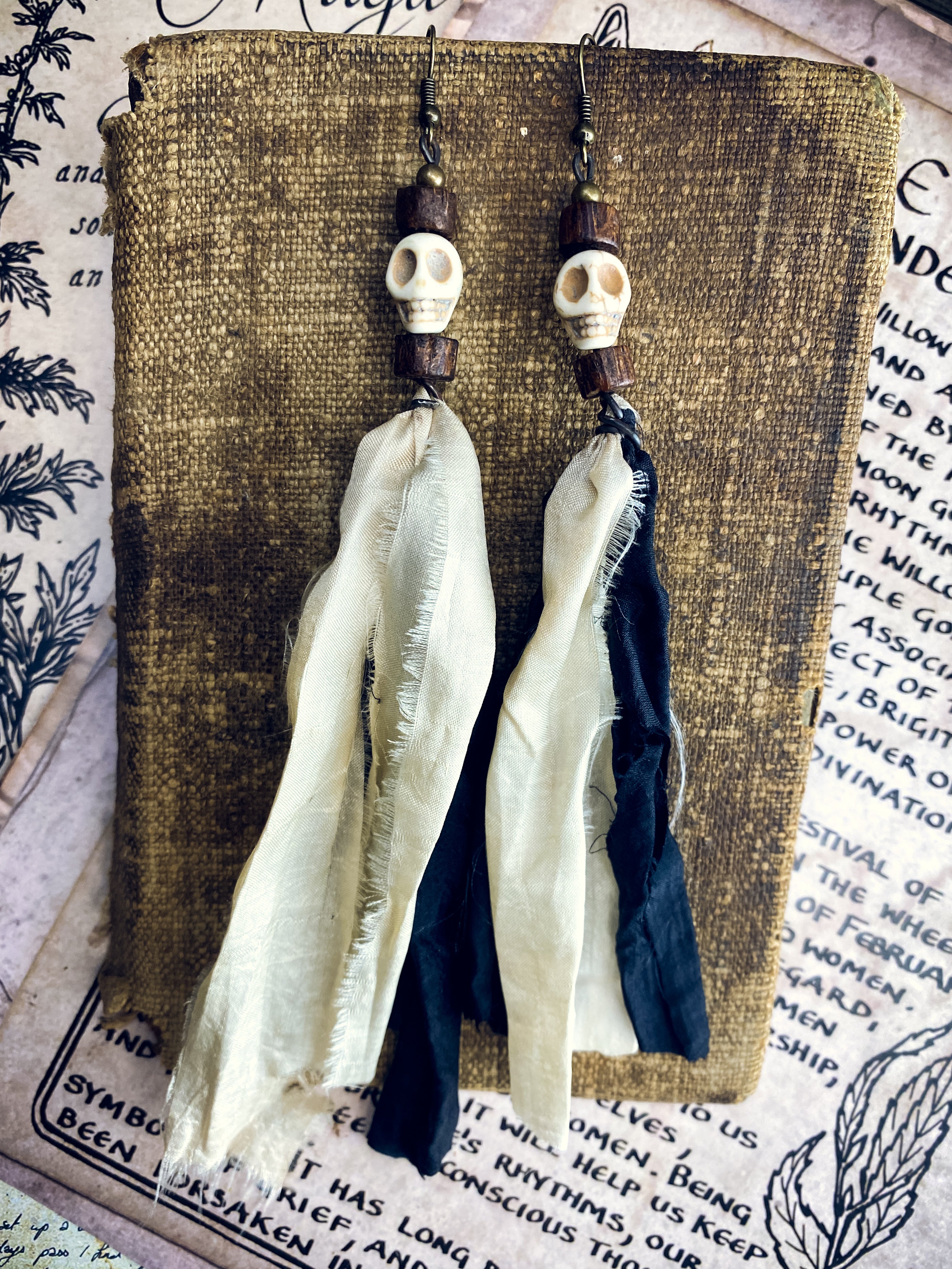 Skull Earrings with Salvaged Silk